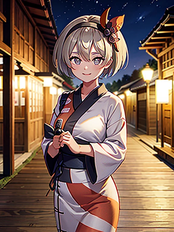 High resolution, highest quality,Hakata yukata、The yukata was cut in half、Smiling girl、Embarrassing、Deserted park at night、