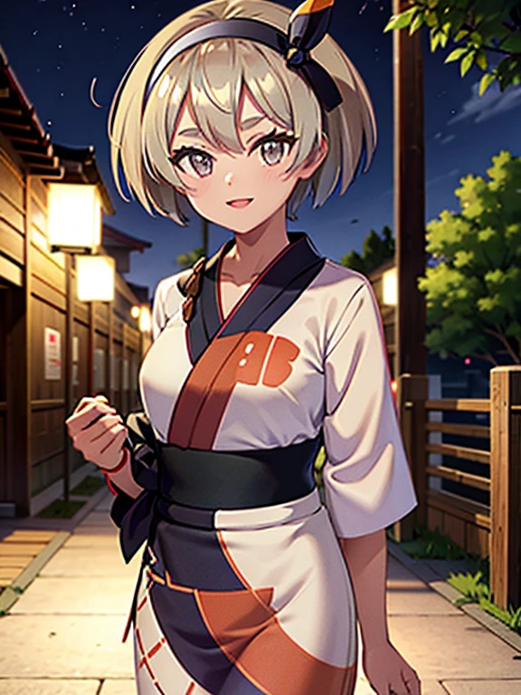 High resolution, highest quality,Hakata yukata、The yukata was cut in half、Smiling girl、Embarrassing、Deserted park at night、