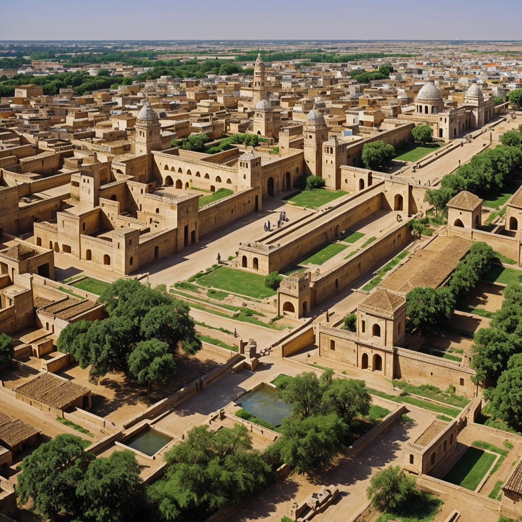 Uruk is an ancient and prosperous city, surrounded by huge mud brick walls that stretch for miles. Dentro das muralhas, the streets are busy and full of mud brick houses, de um ou dois andares, com telhados planos. No centro da cidade, ergue-se o imponente zigurate, a step pyramid with a temple at the top, dedicado ao deus Anu.

Ao redor do zigurate, there are vibrant public squares and markets, where merchants sell products such as grains, textiles, and ceramics. People are dressed in linen or woolen tunics, and the environment is full of life and colors.

Uruk is crossed by canals and small waterways, used for transportation and irrigation. Palaces and administrative buildings are grand, with internal courtyards and decorative columns. Trees and gardens are found along the main streets, proporcionando sombra e beleza.

No horizonte, agricultural fields extend beyond the walls, sustentando a cidade com colheitas abundantes de cevada, trigo e legumes. The atmosphere of the city is that of an advanced and prosperous civilization, with a strong emphasis on religion, commerce and administration.