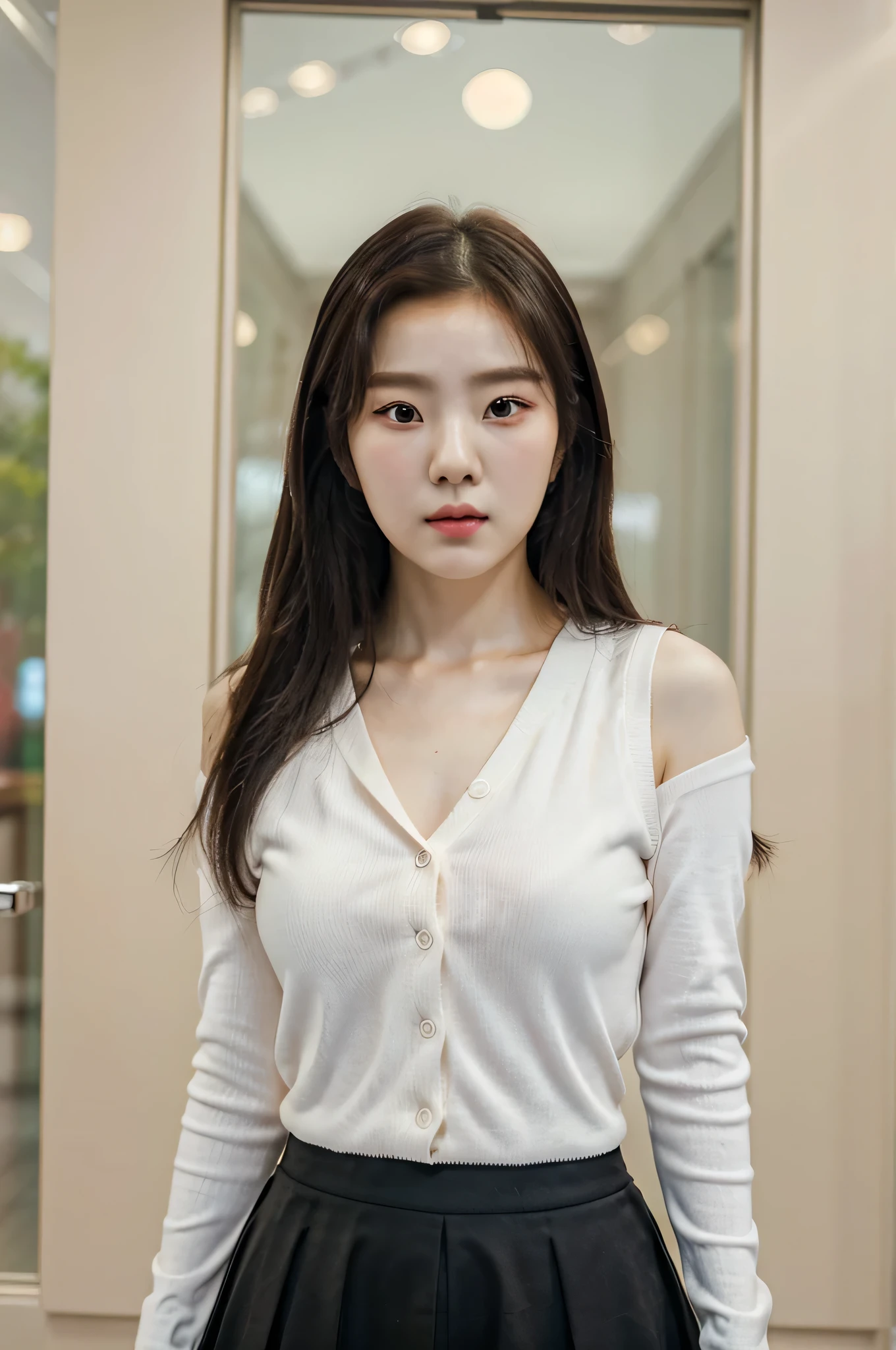 (hd), realistic, south korean girl, k-pop idol, 21 yrs old, cute diligent, heart shaped faced, doe eyes, korean campus style short vest+long sleeved+a-Line bust skirt spring autumn, black hair, lee ji-eun, cute, charming, sexy, delicate, beautiful, innocent, younger sister , IU, button-like nose, small nose. 