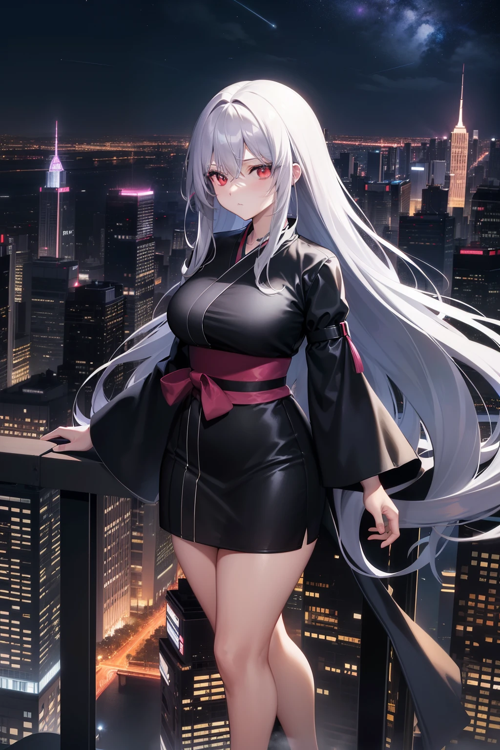 Anime Masterpiece, High Contrast, Long-haired Woman (Solo, Full-body, Plus-size, Standing on the Edge of the Skyscraper), Silver Hair, Long Hair Streaming Behind Like a Waterfall, Red Eyes, Perfect Ruby-like Glint, (Wearing a Simple Long Black Kimono adorned with Neon Pink Cybernetics), Pair of Transparent Black Stockings, (Skyscraper Roof with a Panoramic View of the City, Detailed Background ((Night time, Darkness, Low Light Pollution))).