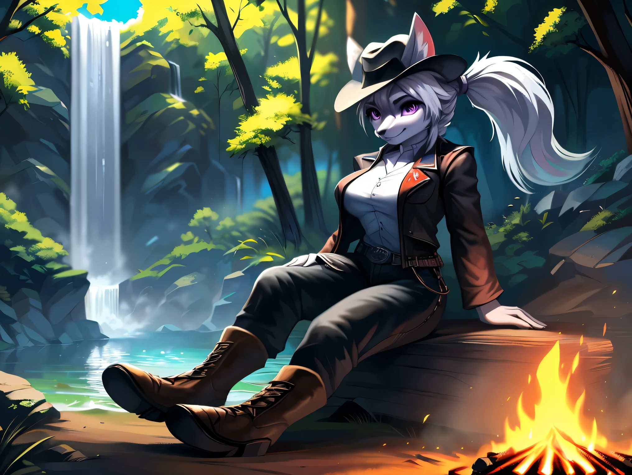 fox, female, solo, white hair, ponytail, ((grey fur)), (purple eyes), (breasts), ((black gambler clothes)), (((large cowboy hat))), (((black cowboy hat))), black pants, purple handkerchief, card background, forest, sitting on log, campfire, ((waterfall)), Very good figure, best quality, highres, 16k, Natural soft light, Tyndall effect, Advanced film lighting, Unreal Engine5, Extremely realistic, A high resolution, perfect masterpiece, high quality, high resolution