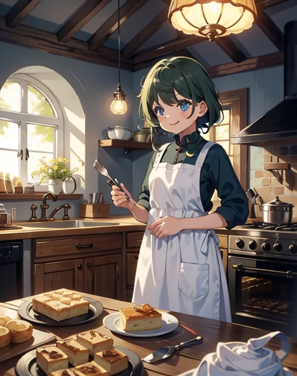 Baking girl in a cozy cottage: In a cosy cottage,A baking girl wears a cute apron,She stood in the kitchen,Holding a baking tool in his hand,The smile is bright。The table was filled with freshly baked bread and cakes,The whole scene is full of sweetness and warmth。