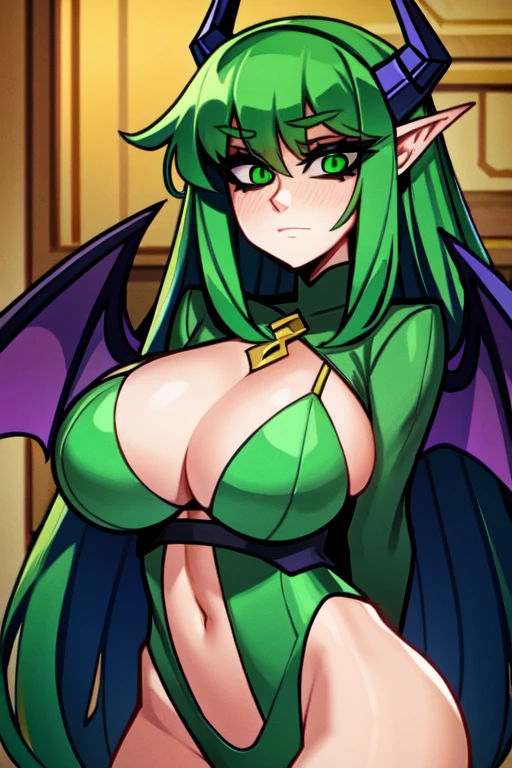 Busty green skinned succubus girl in exotic clothing