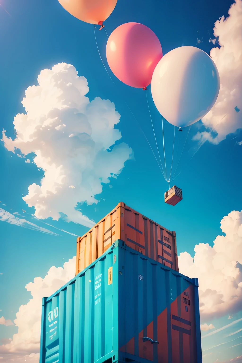 A vibrant shipping container soars high in the sky, held aloft by a cluster of colourful balloons tied securely to its top. Fluffy white clouds drift lazily around it, casting soft shadows on the container as it floats effortlessly through the serene blue expanse. The scene is whimsical and surreal, capturing the wonder of an impossible journey through the heavens