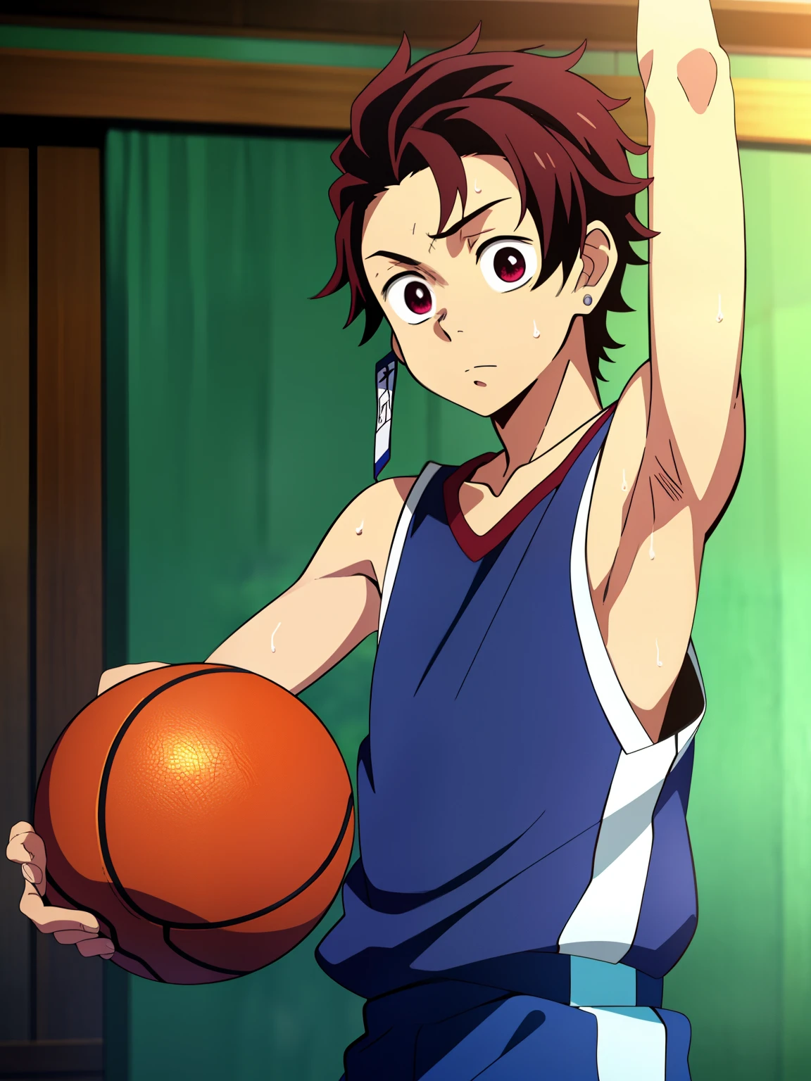 Highres, Masterpiece, Best quality at best,Best Quality,hight quality, hight detailed, Anime style, 1boy, Boy, Shota, Solo person, Tanjiro_kamado, Demon slayer, Earring, Tank top, Basketball athletes, Basketball uniforms, Summer day, Slim body, Sweat, (Showing armpit:1.3), Body, Blurry beckground, Seen from the front, ( boy), (very small and short body)