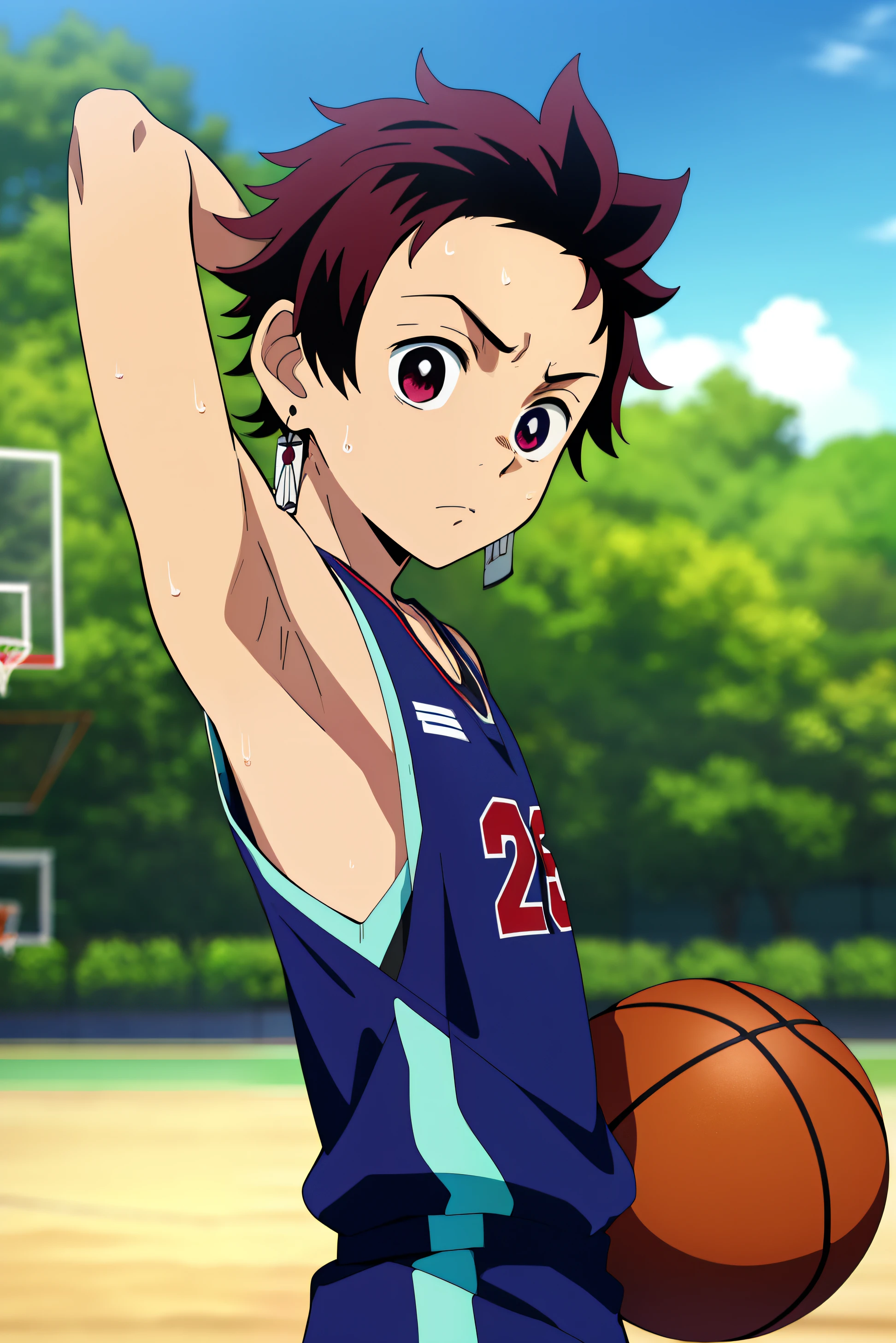 Highres, Masterpiece, Best quality at best,Best Quality,hight quality, hight detailed, Anime style, 1boy, Boy, Shota, Solo person, Tanjiro_kamado, Demon slayer, Earring, Tank top, Basketball athletes, Basketball uniforms, Summer day, Slim body, Sweat, (Showing armpit:1.3), Body, Blurry beckground, Seen from the front, ( boy), (very small and short body)