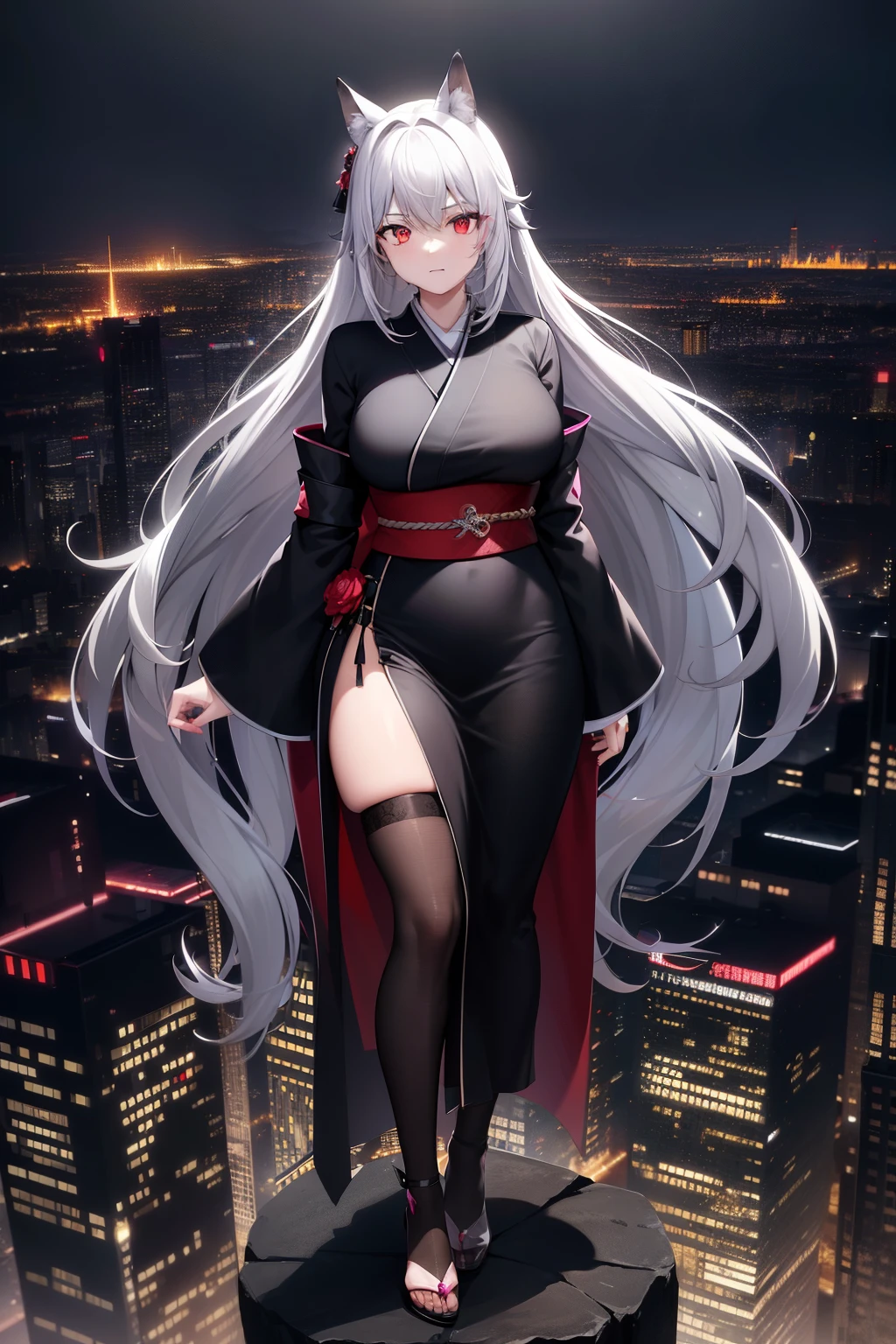 Anime Masterpiece, Highest Quality, Ultra-Detailed, High Contrast, 1 Woman (Solo, Full Body, Plus Size, Standing on the Edge of a Skyscraper, Silver Hair, Long Hair trailing like a horse's tail, Red Eyes, Perfect Eyes glowing like Rubies, Long Black Simple Kimono with Black Cybernetics featuring Neon Pink Accents), Black Transparent Stockings. (Skyscraper Roof, Overlooking a City, Detailed Background (Night Time, Darkness, Low Light Pollution)))