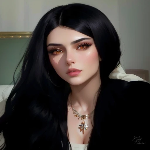 close-up of a woman with long black hair and necklace, looks like ebru sahin, Christina Kritkova, Aykut Aydogdu, inspired by Aishiya Tashkin, meni chatzipanagiotou, Charlie Bowater, inspired by Niyazi Selimoglu, anastasia ovchinnikova