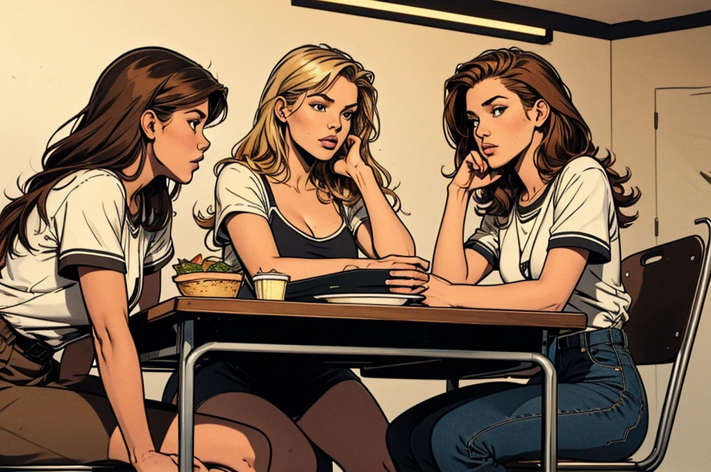 typical college dining hall, bad reputation, campus, minimalistic, sexy students, chatting gossip, teenager outfit,metal tray:1.2, lunch, blond, brunette, red-haired, blank background