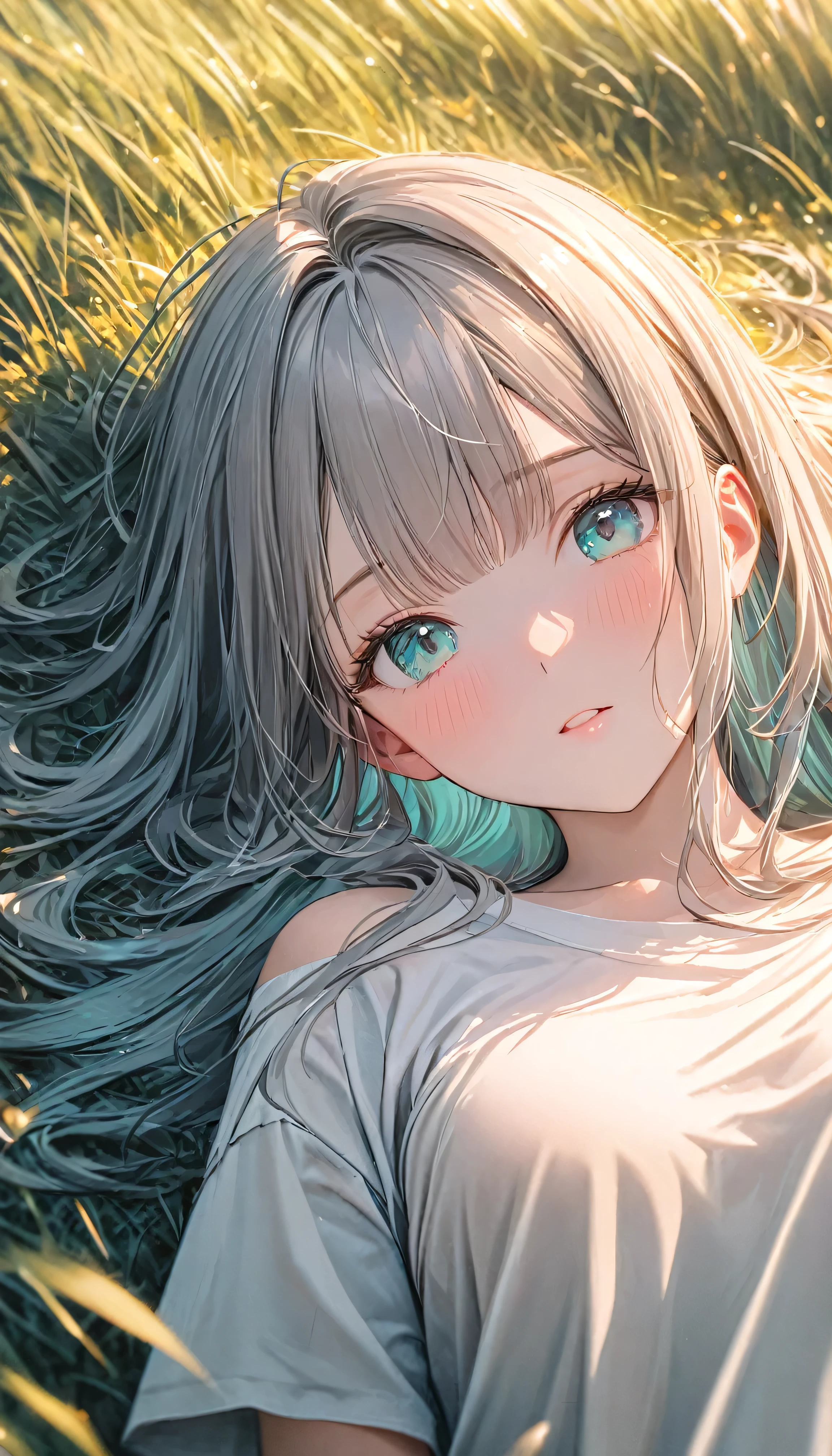 Masterpiece, full HD, very accurate, 8K, best quality, beautiful girl, 1girl, cute girl, long hair straight hair, bangs hair, grey hair, beautiful hair, beautiful aqua eyes, detailed aqua eyes, bright aqua eyes, White T - shirt oversized, laying at grass field, warm theme, tall grass