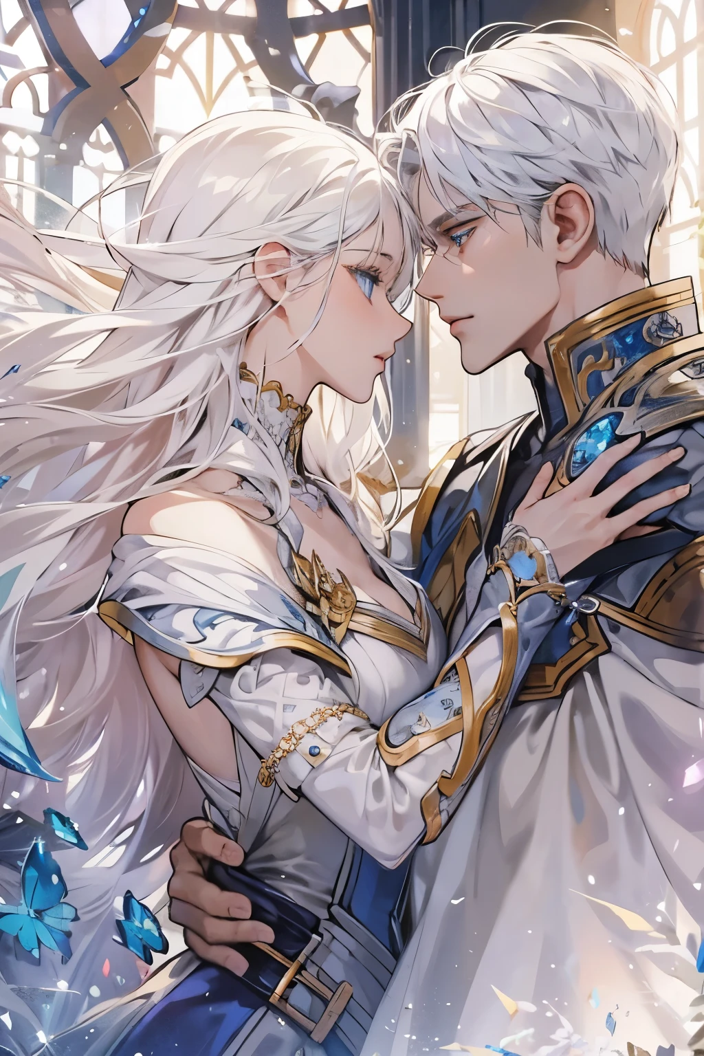 A man and a woman are about to kiss. The man wears elegant armor, has short white hair, piercing blue eyes, and a clean-shaven, handsome face. The woman, also in armor, has long white hair, sparkling blue eyes, and a delicate, beautiful face. They stand close, their gazes intense, ready to share an intimate moment.