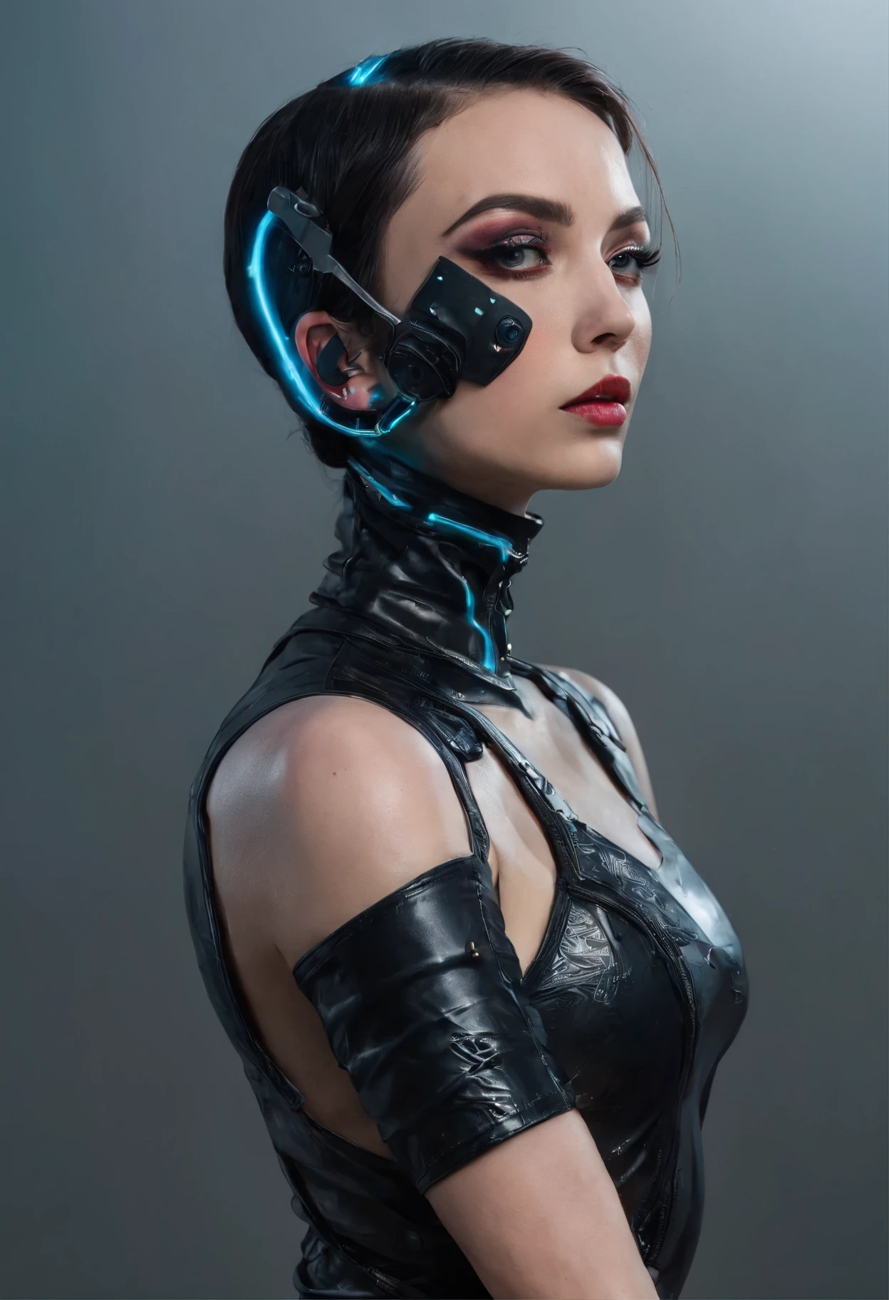 Cyberpunk woman posing for a photo shoot, moda bizarra, Bodysuit Unitard Sexy, Moda Sexy, bunda perfeita, seen from behind, moda punk, latex suit, bochechas perfeitas, pose sensual, Estilo Cyberpunk, mostrando seu bumbum, bunda perfeita.