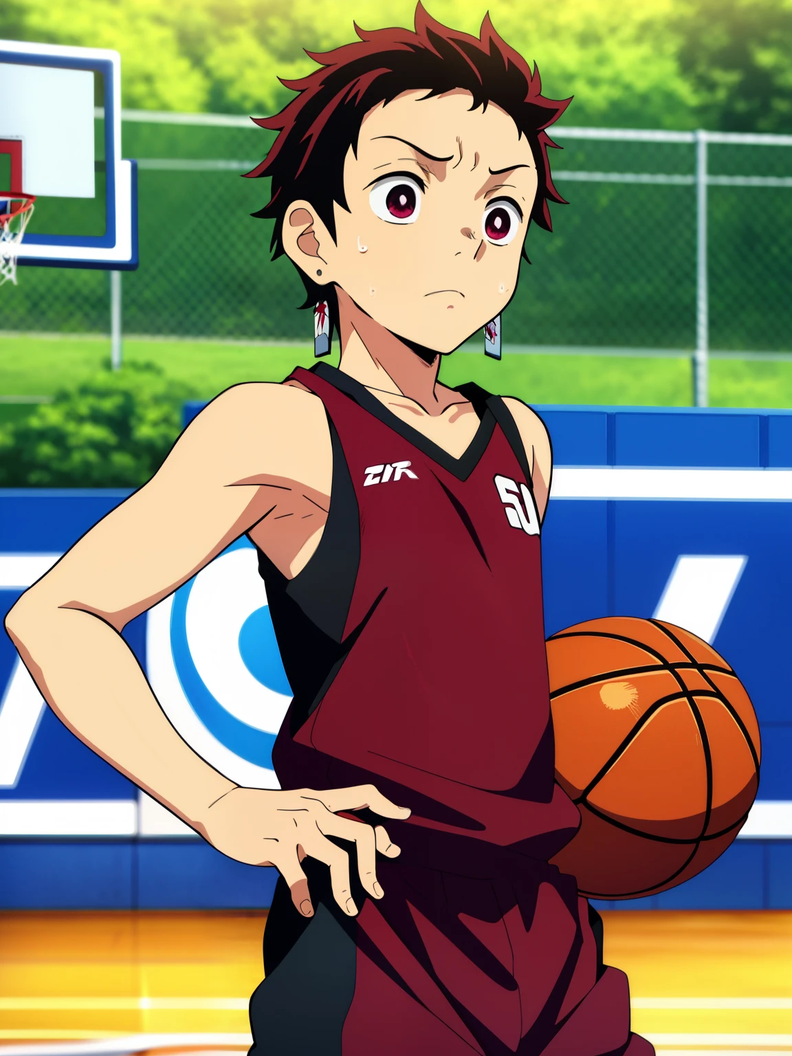 Highres, Masterpiece, Best quality at best,Best Quality,hight quality, hight detailed, Anime style, 1boy, Boy, Shota, Solo person, Tanjiro_kamado, Demon slayer, Earring, Tank top, Basketball athletes, Basketball uniforms, Summer day, Slim body, Sweat, Body, Blurry beckground, Seen from the front, (very young boy), (very small and short body)