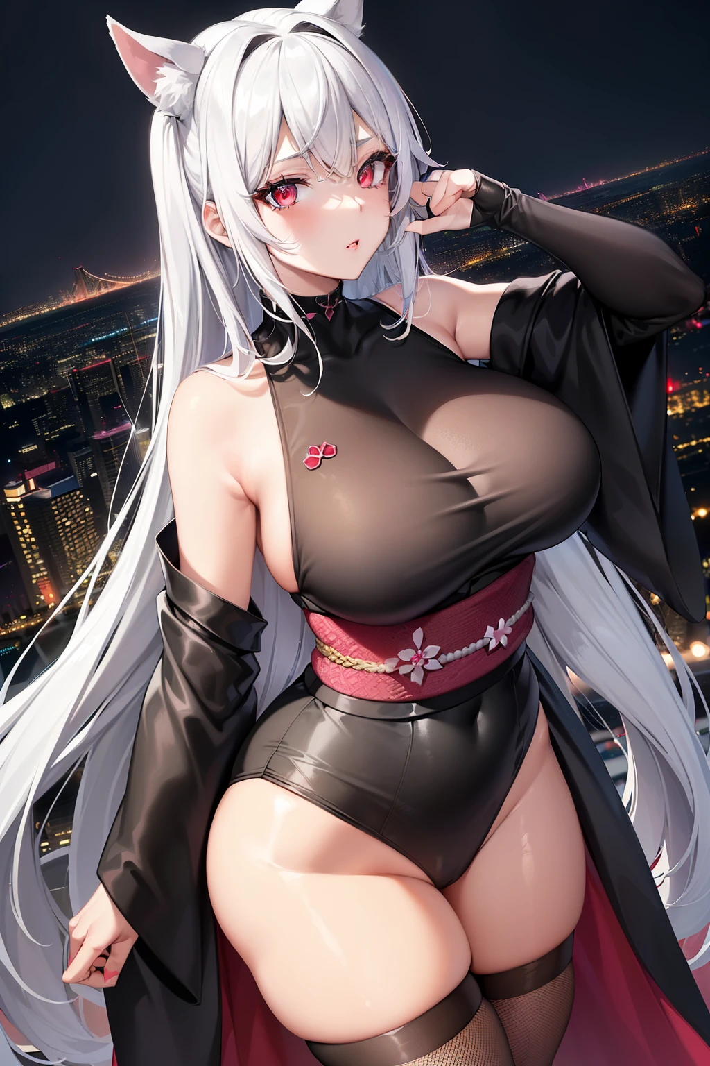 Masterpiece, Ultra-detailed, Anime, (Obra de arte de alta qualidade, ultra-detalhada, alto contraste), 1 mulher (sozinho, corpo todo, corpo plus size, standing on the edge of a sleek black skyscraper, silver hair flowing long like a horse's tail, red eyes, perfect eyes that shimmer like rubies, (wearing a simple black kimono adorned with neon pink cybernetics)), (black fishnet tights, opaque black stockings), (on the roof of the skyscraper, with a breathtaking view of a city below, detailed background (Night time