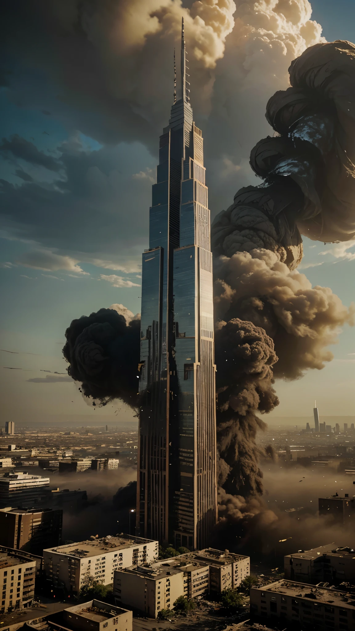 Magic Prompt
A breathtaking, high-definition image of a colossal, menacing finger descending from the sky, crushing a towering skyscraper. The finger,
adorned with sharp, ominous claws, casts an eerie shadow on the burning city below. The skyscraper, once a symbol of human achievement, is now reduced to rubble, with a thick cloud of dust and debris engulfing the scene. The background reveals a city on the verge of destruction, as other buildings collapse and terrified citizens flee in panic, leaving a trail of abandoned belongings behind