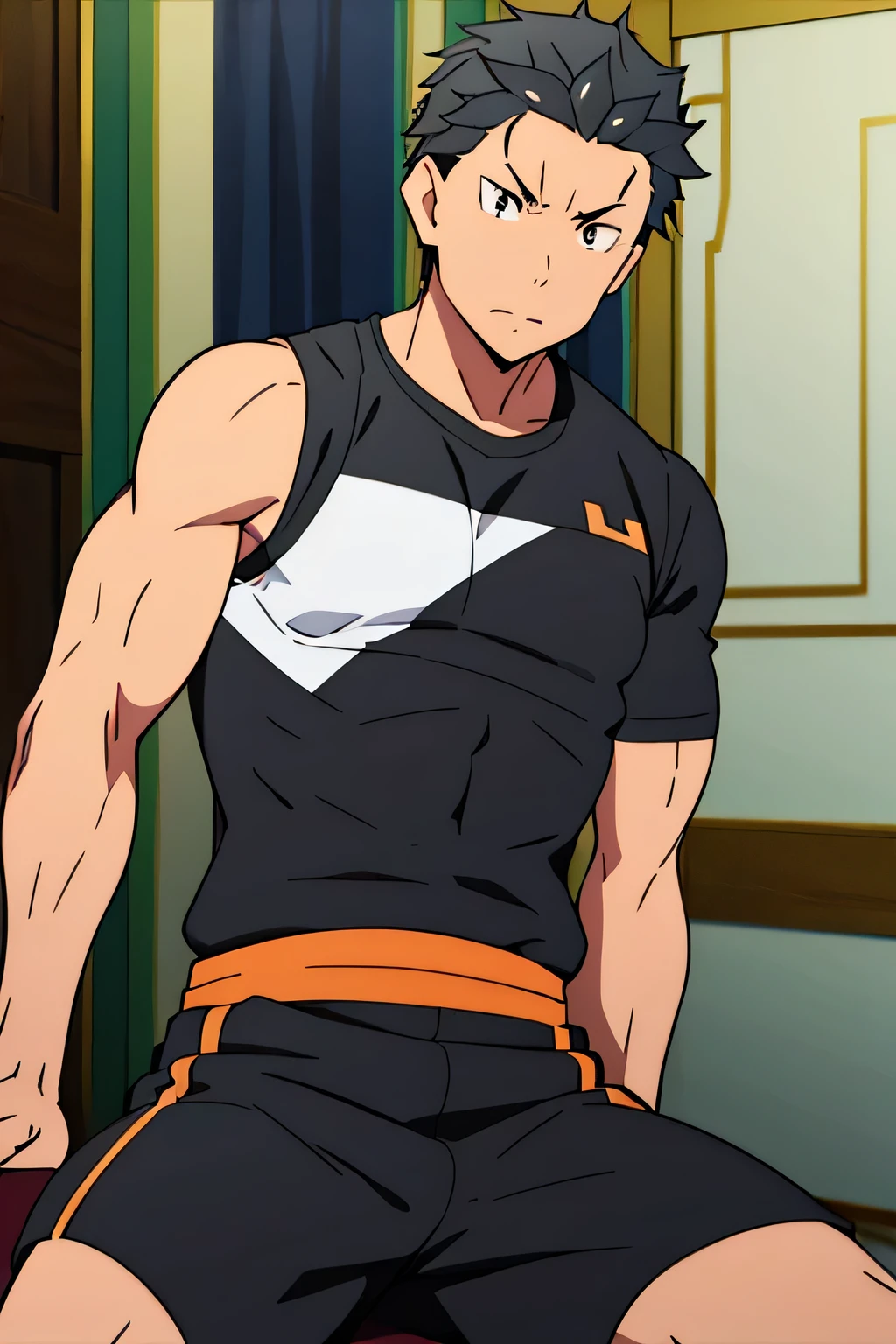 Subaru is sitting and flexing his biceps. He wears black shorts. You can see his thighs. He looks stoic and serious. He has bulging veins on his arms. He wears a black tshirt with short sleeves. His sleeve is completely rolled up so you can see his entire arm and shoulder. He is showing his abs too.