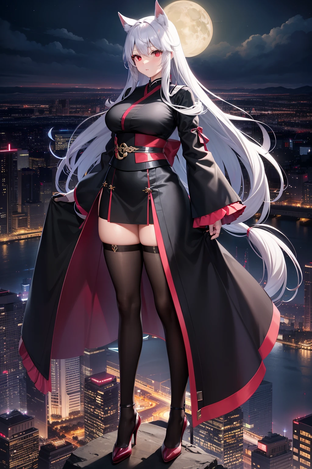 Masterpiece, High-Quality Anime, Ultra-Detailed Woman (Solo, Full-Body, Plus-Size, Standing on the Edge of a Skyscraper, Silver Hair, Long as a Horse's Tail, Red Eyes, Perfect Ruby Shimmering Eyes, Long Black Kimono with Simple Design and Neon Pink Cybernetics, Transparent Black Stockings), Skyscraper Roof, Overlooking a City, Detailed Nighttime Background (Darkness, Low Light Pollution).