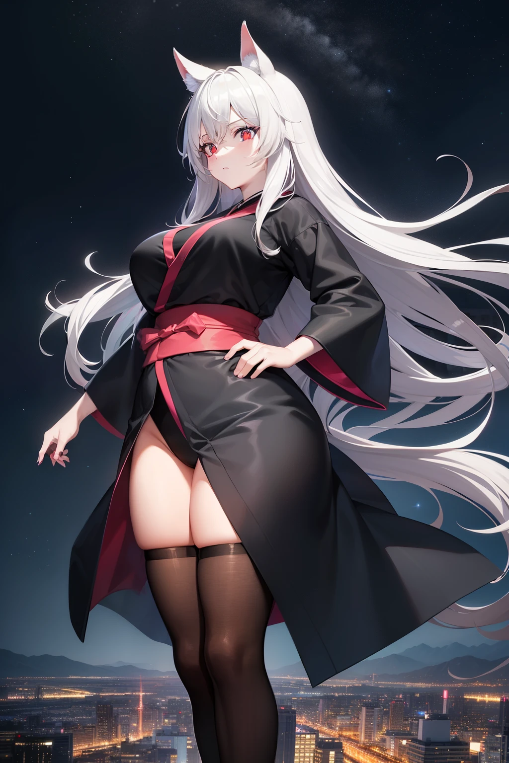 Masterpiece, High-Quality Anime, Ultra-Detailed Woman (Solo, Full-Body, Plus-Size, Standing on the Edge of a Skyscraper, Silver Hair, Long as a Horse's Tail, Red Eyes, Perfect Ruby Shimmering Eyes, Long Black Kimono with Simple Design and Neon Pink Cybernetics, Transparent Black Stockings), Skyscraper Roof, Overlooking a City, Detailed Nighttime Background (Darkness, Low Light Pollution).
