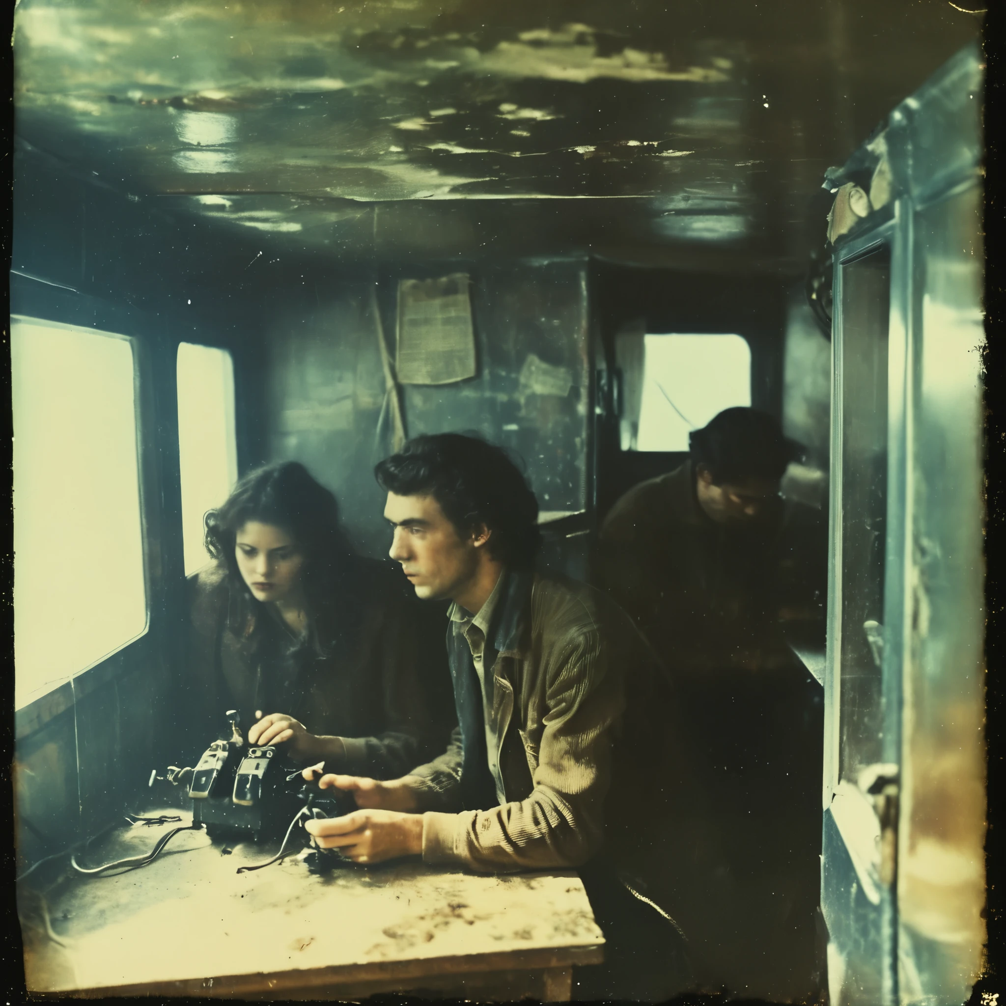 side-view, perspective, grainy, polaroid, 35mm vintage, scary, horror-movie, 4 young adults operating ham-radio, transmitter and receiver inside ship cabin, cabin