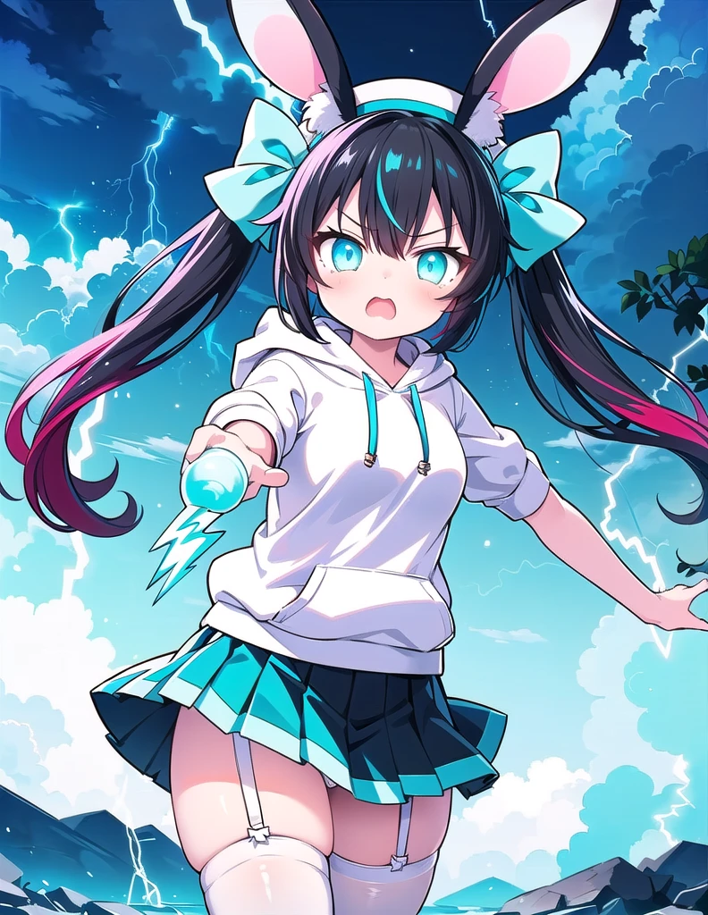 1girl, masterpiece, best quality, perfect hands, (black rabbit ears:1.5), (long rabbit ears:1.5), (rabbit girl:1.5), angry, (yelling:1.5), (glowing eyes:1.5), (holding electricity:1.5), (blue energy:1.5), (blue aura:1.5), (lightning storm:1.5), (black hair:1.5), cyan streaked hair, cyan colored inner hair, very long hair, twintails, (red hair bow:1.5), (cyan eyes:1.5), hair ornament, (white hoodie with cyan:1.5), short sleeves, (black pleated skirt:1.5), very short skirt, (white thighhighs:1.5), (white garter straps:1.5), (white beret:1.5), fighting stance