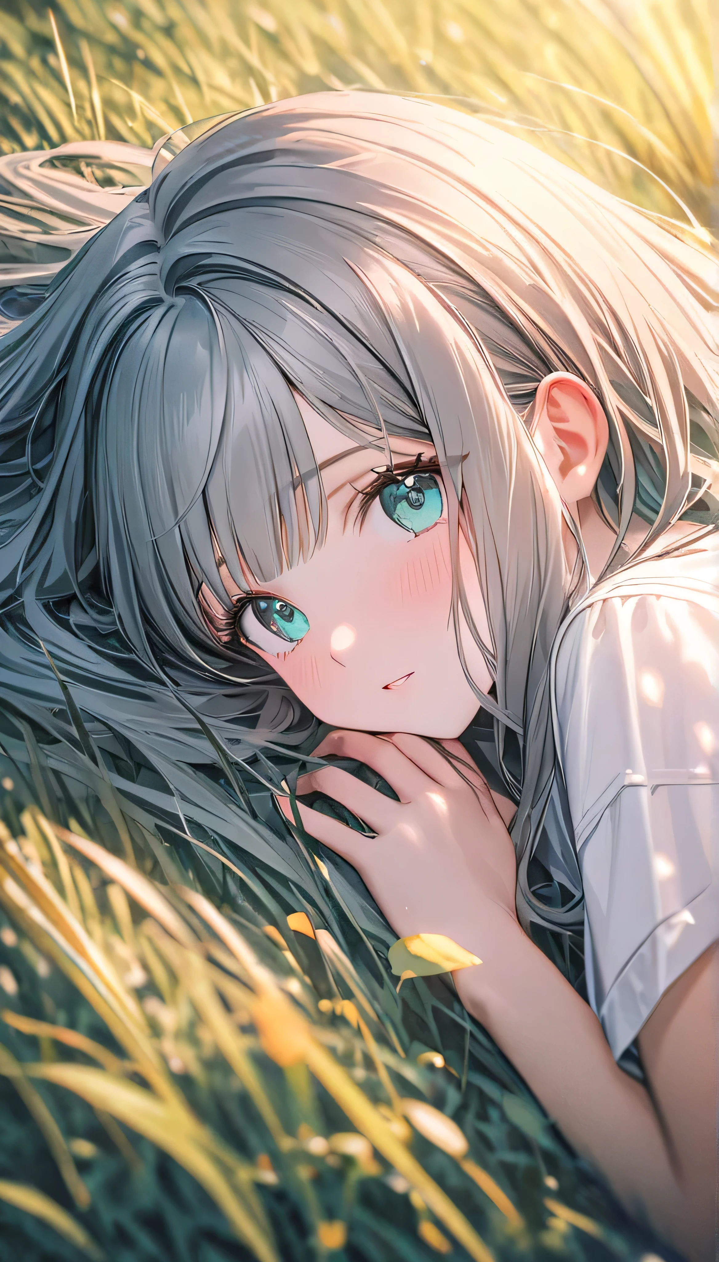 Masterpiece, full HD, very accurate, 8K, best quality, beautiful girl, 1girl, cute girl, long hair straight hair, bangs hair, grey hair, beautiful hair, beautiful aqua eyes, detailed aqua eyes, bright aqua eyes, White T - shirt oversized, laying at grass field, warm theme, tall grass