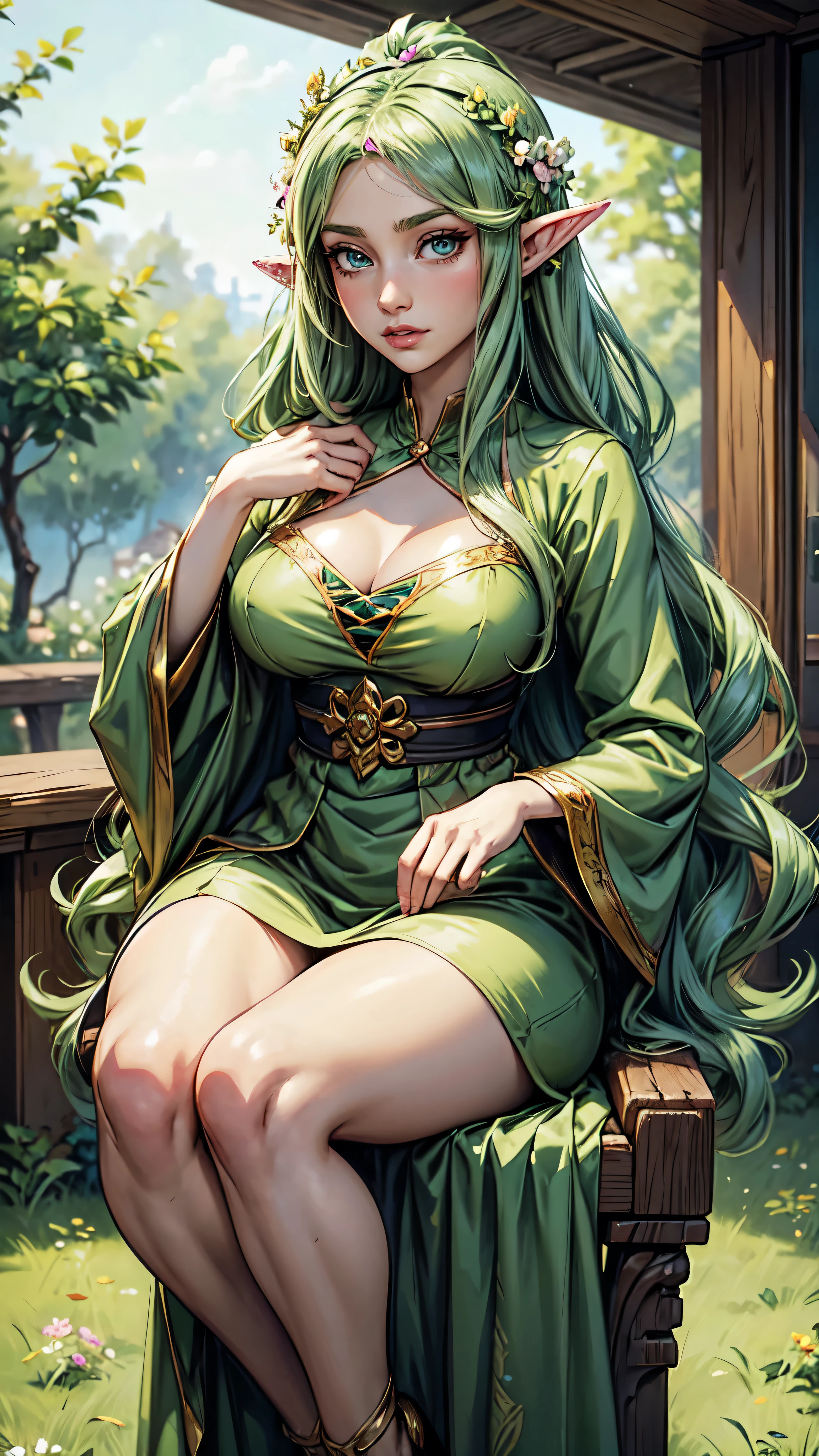 anime girl with long hair and green dress with flowers in her hair, beautiful anime portrait, elf girl, detailed digital anime art, detailed portrait of anime girl, beautiful anime girl, beautiful and elegant elf queen, elf princess, beautiful fantasy anime, anime girl with long hair, a portrait of an elf, clean detailed anime art, beautiful anime woman, stunning anime face portrait, detailed eyes, detailed face, detailed hands, half naked, full body, detailed dress