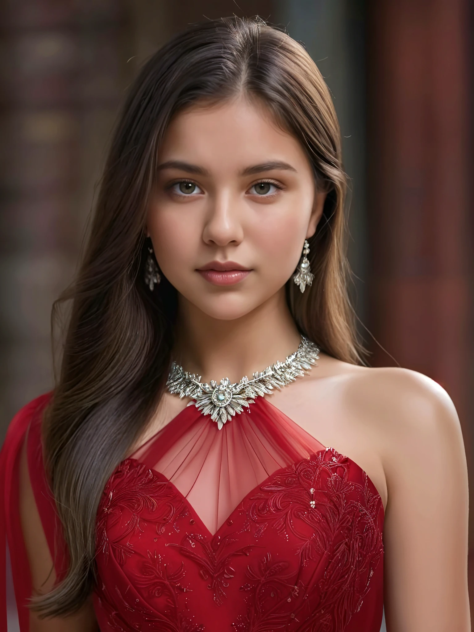 1 Girl 15 years old, bronze, complexion with, fair, by the wide, wavy fur, small breasts, messy dark hair, fair shoulders, Brown eyes, jewelry, Whole body, sexy body, she wears a red dress realistic, sitting on the terrace
