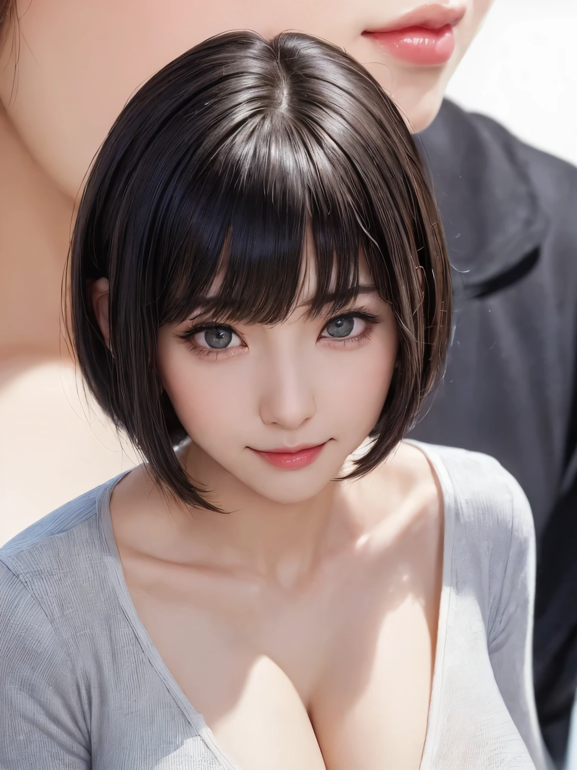 (SFW:1.8、masterpiece, highest quality),1 girl, alone, hyper Realistic, Realistic,Realistic, Looking at the audience, Bright blue-green eyes:1.4,Brunette Short Bob Hair with highly detailed shiny hair, Very delicate and beautiful brightly colored clothing:1.4, Lepangas:1.4), Mouth closed, Upper Body、big chest eye、eyelash、{Huge|big chest|Huge|Mega} whole :2, Chest cleavage:2、(((Beautiful and cute bangs:2、Jet Black Hair:2、Add highlights to the eyes:1.4、big chest eye、Short Bob Hair、Glowing Skin:1.4、Looking at the audience、She is very 美しい and cute、Show me your ears、Beautiful long neck、smile、Please close your mouth and laugh、Bangs and beautiful teeth)))、Ideal body type、((school uniform、uniform, blazer、School teacher、Background in front of the school gate、Beautiful cherry blossom tree background))、Beautiful long neck:1.4、(({Huge|big|Huge|Mega} chest, Chest cleavage:2))、(((Portraiture:2、Face close-up:2、Close up of chest:2)))、((Transparency、clear、Transparent beauty、Gloss))、Perfect ???????、((Tall Portrait, Attractive woman))