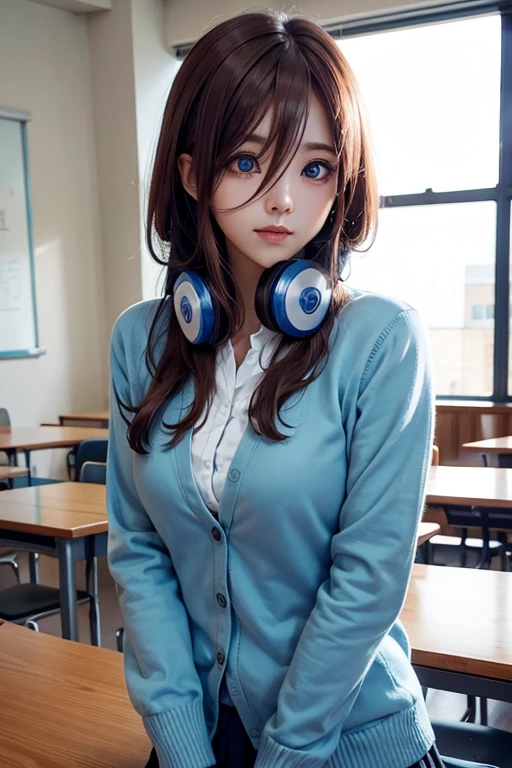 mikunakano, miku nakano, long hair, bangs, blue eyes, brown hair, shirt, hair between eyes, headphones, cardigan, headphones around neck,
BREAK skirt, shirt, long sleeves, white shirt, pantyhose, pleated skirt, black pantyhose, cardigan, green skirt, blue cardigan,
BREAK indoors, classroom,
BREAK looking at viewer, BREAK (masterpiece:1.2), best quality, high resolution, unity 8k wallpaper, (illustration:0.8), (beautiful detailed eyes:1.6), extremely detailed face, perfect lighting, extremely detailed CG, (perfect hands, perfect anatomy),
