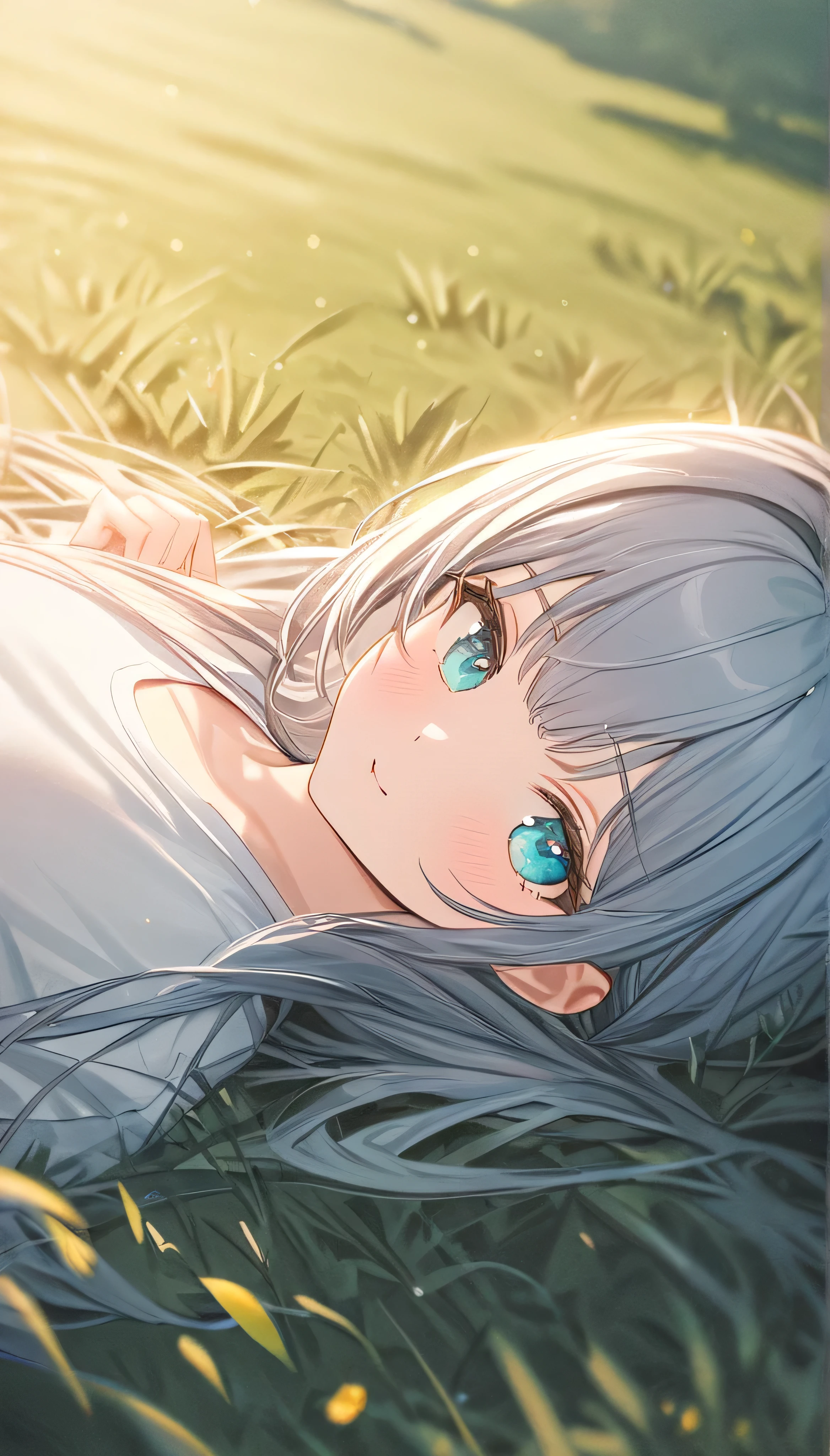 Masterpiece, full HD, very accurate, 8K, best quality, beautiful girl, 1girl, cute girl, long hair straight hair, bangs hair, grey hair, beautiful hair, beautiful aqua eyes, detailed aqua eyes, bright aqua eyes, White T - shirt oversized, laying at grass field, warm theme, tall grass