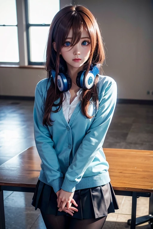 mikunakano, miku nakano, long hair, bangs, blue eyes, brown hair, shirt, hair between eyes, headphones, cardigan, headphones around neck,
BREAK skirt, shirt, long sleeves, white shirt, pantyhose, pleated skirt, black pantyhose, cardigan, green skirt, blue cardigan,
BREAK indoors, classroom,
BREAK looking at viewer, BREAK (masterpiece:1.2), best quality, high resolution, unity 8k wallpaper, (illustration:0.8), (beautiful detailed eyes:1.6), extremely detailed face, perfect lighting, extremely detailed CG, (perfect hands, perfect anatomy),