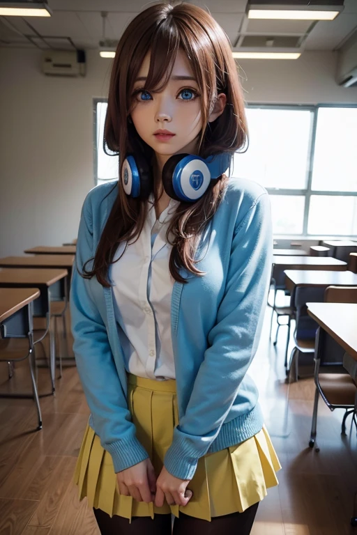 mikunakano, miku nakano, long hair, bangs, blue eyes, brown hair, shirt, hair between eyes, headphones, cardigan, headphones around neck,
BREAK skirt, shirt, long sleeves, white shirt, pantyhose, pleated skirt, black pantyhose, cardigan, green skirt, blue cardigan,
BREAK indoors, classroom,
BREAK looking at viewer, BREAK (masterpiece:1.2), best quality, high resolution, unity 8k wallpaper, (illustration:0.8), (beautiful detailed eyes:1.6), extremely detailed face, perfect lighting, extremely detailed CG, (perfect hands, perfect anatomy),