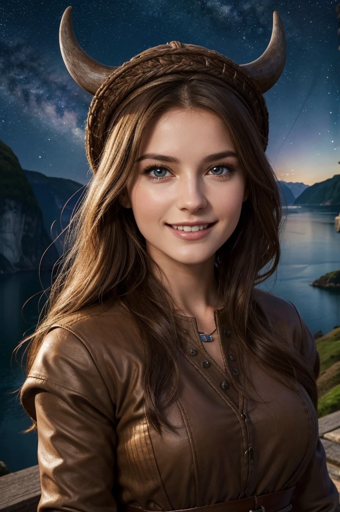 Jeune femme de 25 ans, visage fin, cheveux long, yeux marrons, HD, 8K, masterpiece, sourire romantique, sexy, tenue viking, tenue faite de peaux de bête et de métal, dans un fjord, village viking, de nuit, Milky Way