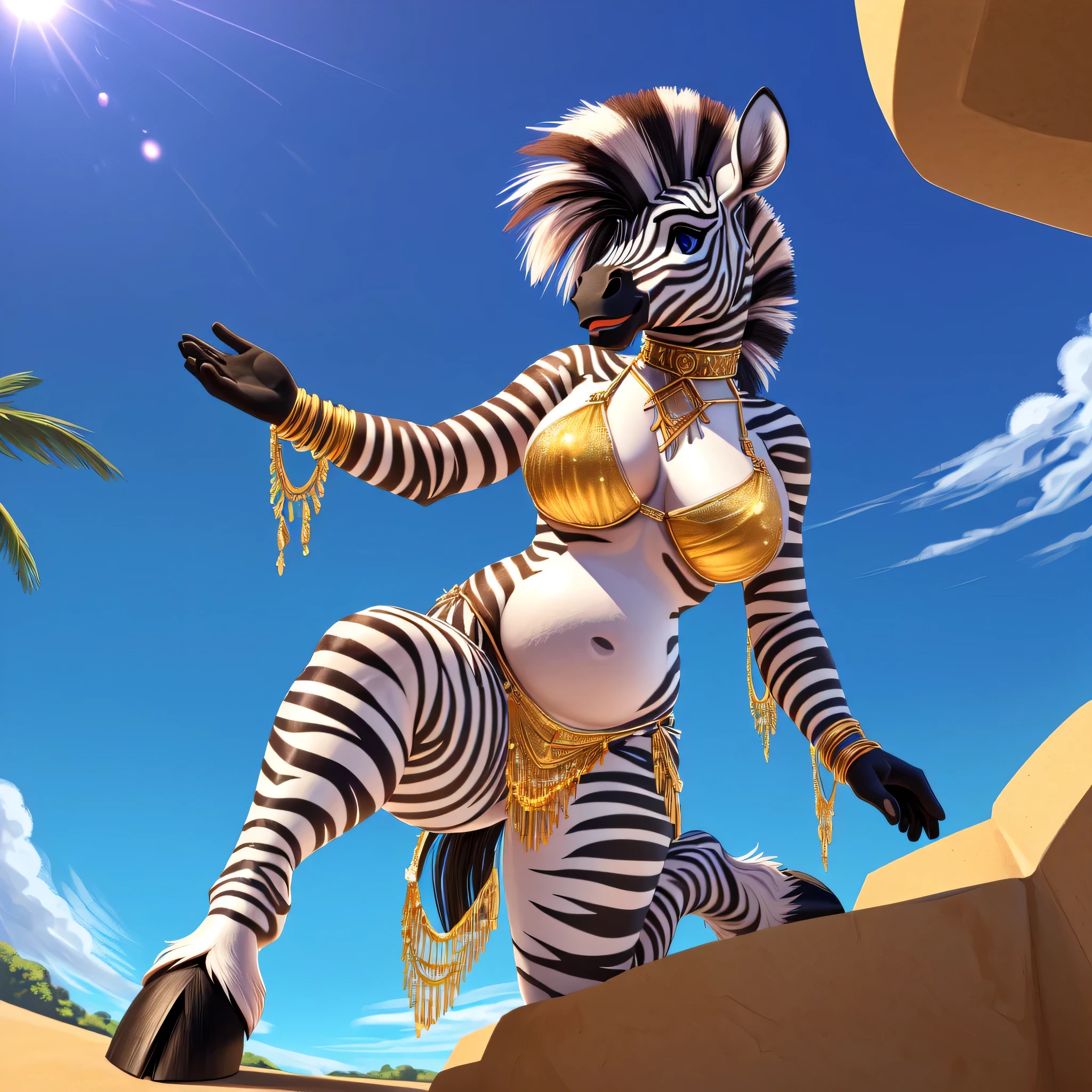 Red neck collar, Red leg garter, red bikini, gilded bikini, gilded bikini border, large heart shape pattern, (hooves:1.2), bikini hearth shape, frill bikini, zebra tail, horse ears, horse face, anthropomorphic female, (anthropomorphic zebra:1.2), cute female, fursona, fursona furry art, commission for high res, multiple female fursonas in background, goat faun fursona, oc commission, (sfw) safe for work, female furry mini cute style, fullbody commission for, furry fursona, naughty face, smug, tounge out, chrouching forward, winking, shy smile, grin smile, ((belly dancer outfit)), kneel on one leg, streaching leg backwards, low-angle shot, close up, front-side view, toon shader, Wide-Angle, (from below), wide shot, (high details:1.3), (high quality:1.3), (best quality:1.5), (highres:1.5), HD