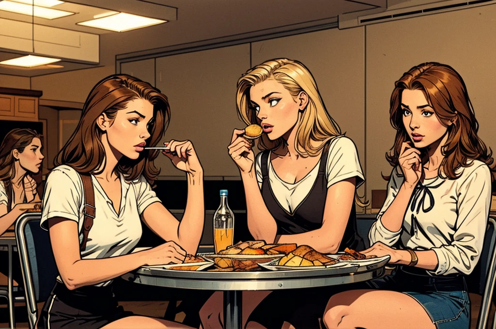 typical college dining hall,metal tray:1.2, bad reputation girls, minimalistic, chatting, gossip, ager outfit:1.2,lunch, blond, brunette, red-haired, blank empty background