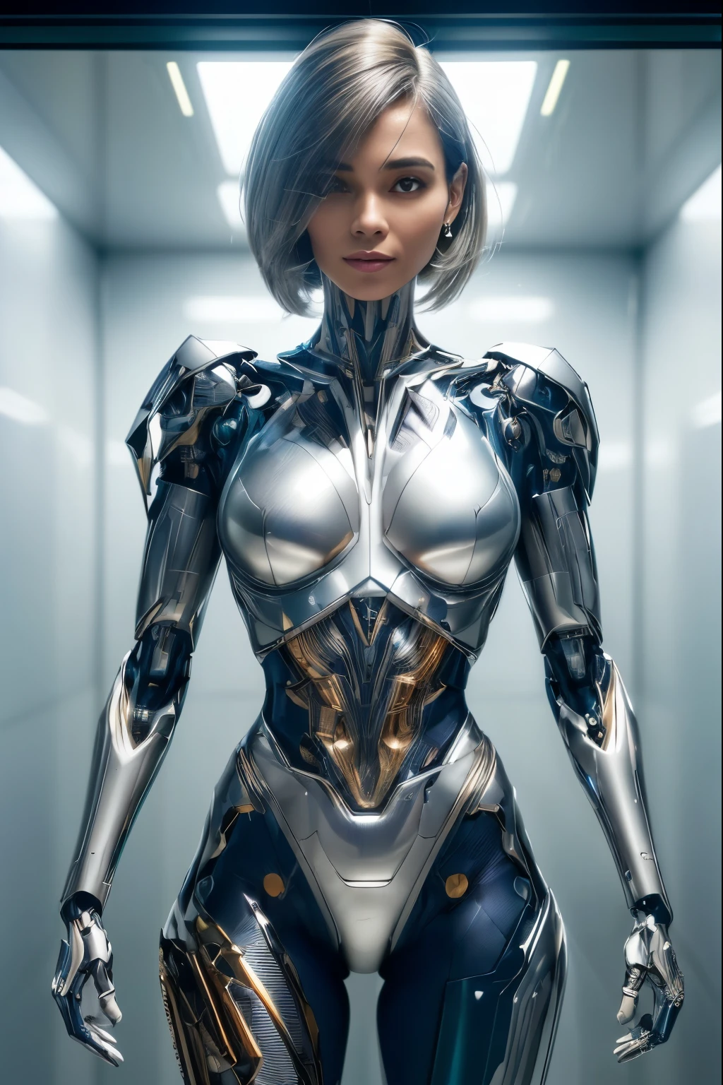 ((um corpo feminino ciborgue de volta, in a futuristic glass and steel suite, conforto, funny and laughing)),((rosto perfeito, olhos perfeitos, Absurd resolution, golden ratio)), ((cabelo realista, estilo de corte de cabelo em camadas, pintei uma mecha de cabelo de branco)), ((Obra de arte, 16k, melhor qualidade)), ((surreal, hiperrealista, macro, Fotografia Editorial de Moda)), ((um, respingo de cor, full view)), ((fundo detalhado, clear depth vision, profundidade de campo)), ((materiais realistas, detalhes claros, brilhante, claramente material do traje, Luz refletida, with clear patterns)),((metais flutuantes, misturar arte, DisintegrationEffect))