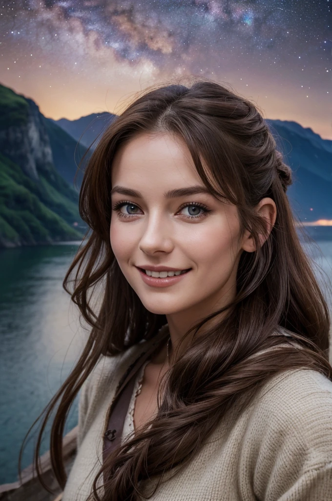 Jeune femme de 25 ans, visage fin, cheveux long, yeux marrons, HD, 8K, masterpiece, sourire romantique, sexy, tenue viking, tenue faite de peaux de bête et de métal, dans un fjord, village viking, de nuit, Milky Way