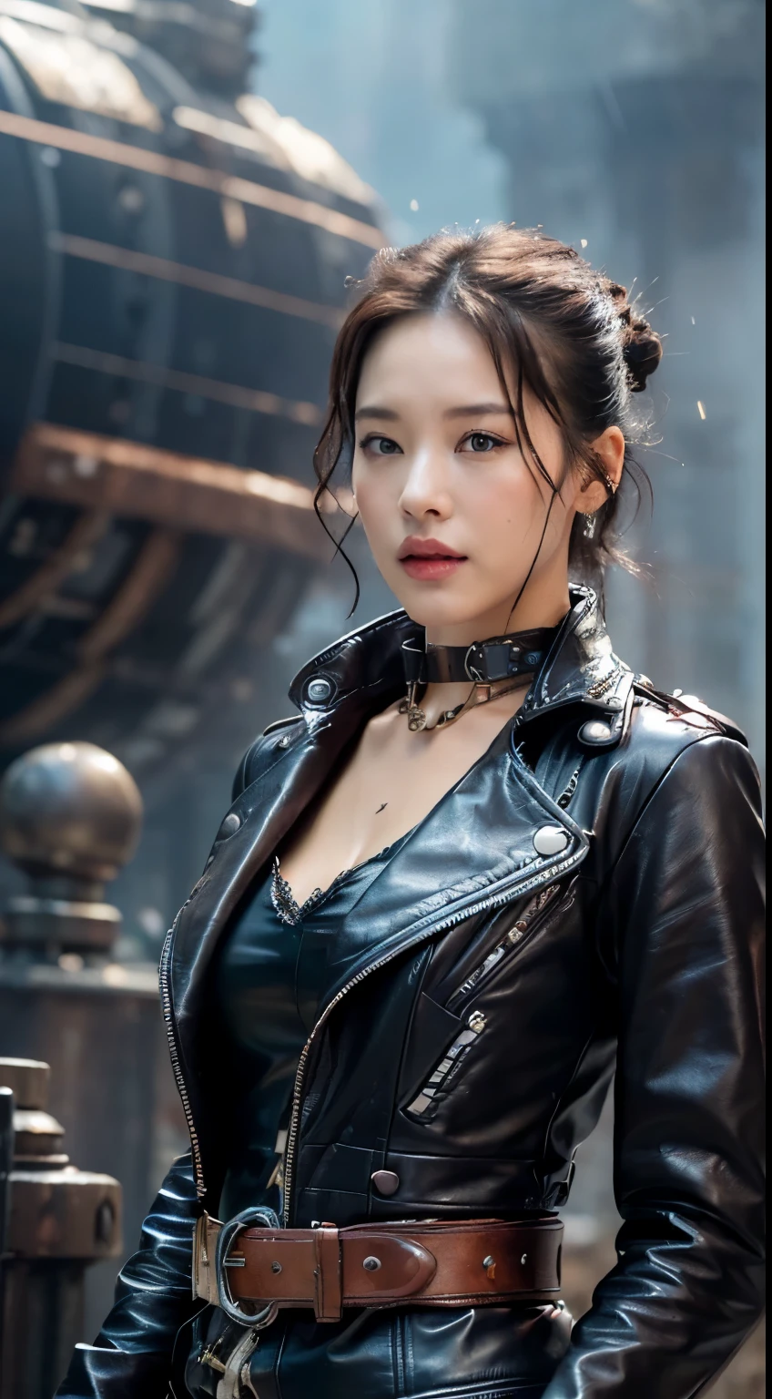 (a detailed portrait RAW photo of a gorgeous beautiful ((Finn)) , Practical, Solitary, Front view,Throw,looking at camera, Flirting with the camera, (masterpiece),(photoPractical:1.3), NFSW, Super detailed, (High Detail Skin:1.2),(best quality:1.0), (Ultra HD:1.0),(author: samdoesart, author Antonio J. Manzanedo), fit, Backlight, Prime Time, , collar, Slim, collar, beautiful, wears stylish leather jacket,Equipped with complex gear and goggles, Tie your hair into a high bun,And equipped with gears and cogs, Comes with leather gloves and a multi-purpose belt with various small tools, Pose with one foot on the edge of the airship, Looking into the distance, Shoot from above, The scene is set in a steampunk-style sky,Filled with floating islands and mechanical devices.best quality, 4k, masterpiece :1.3), pretty Woman, 1 girl, (Chest, Seductive figure :1.2), Abdominal muscles :1.1, Dark brown hair: 1.1, (wet from rain, wet by rain, wet :1.2), Super detailed face, Detailed lips, Delicateeyes, Double eyelids