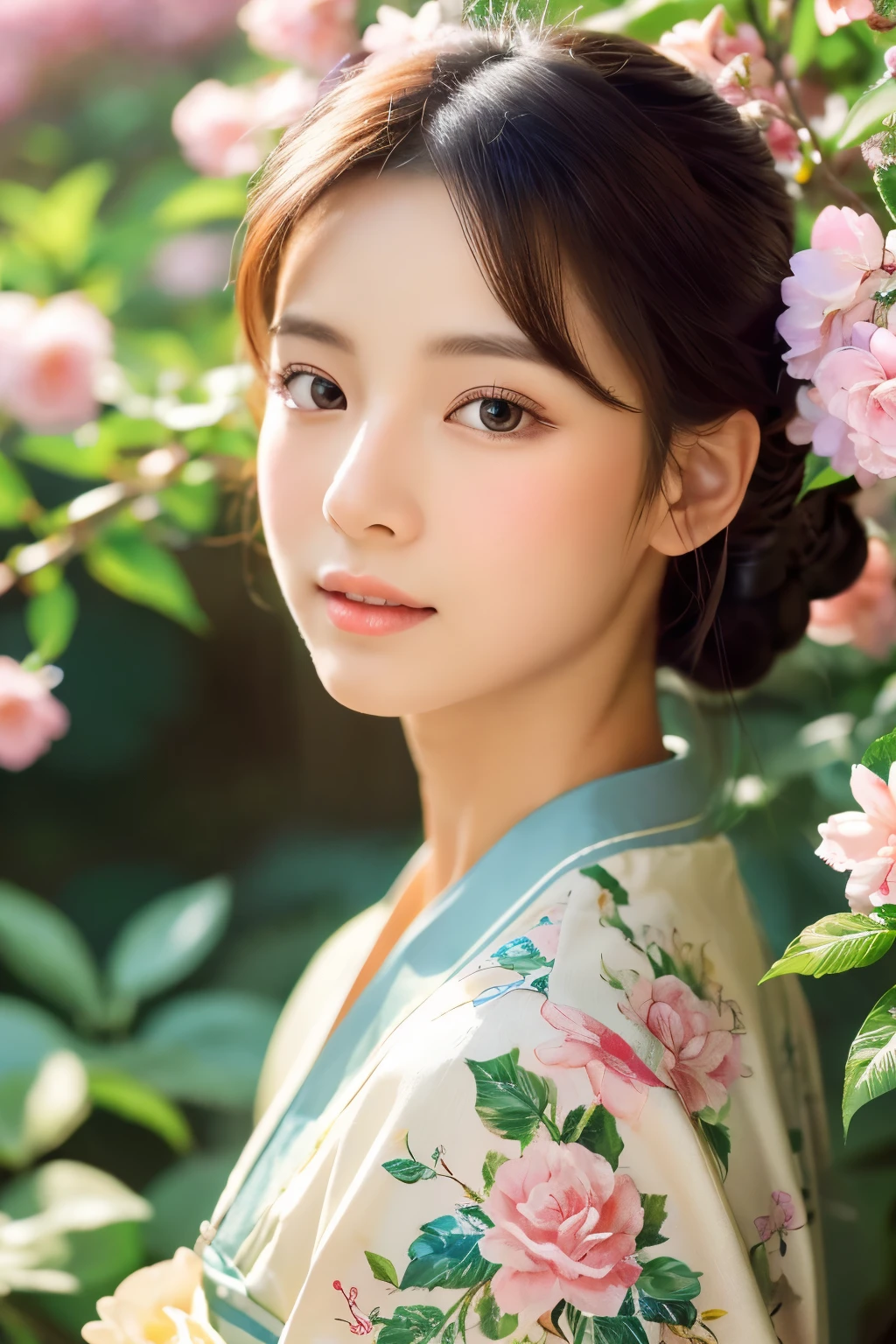 Girl with exquisite facial details, beautiful lips and eyes, beauty of china, in the garden, Wearing a traditional cheongsam, With a graceful posture and a calm look. She is surrounded by blooming flowers and lush greenery.. The sunlight shines softly through the leaves, Gives her face a soft, warm glow. The artwork is created using oil painting techniques, Emphasis on ultra-detailed brushwork and realistic depiction. The colors are bright and vibrant, With a touch of romanticism. The overall image quality is top notch, 4K resolution and photorealistic details. The lighting is、Enhance the beauty of girls、Carefully designed to create a tranquil and peaceful atmosphere.