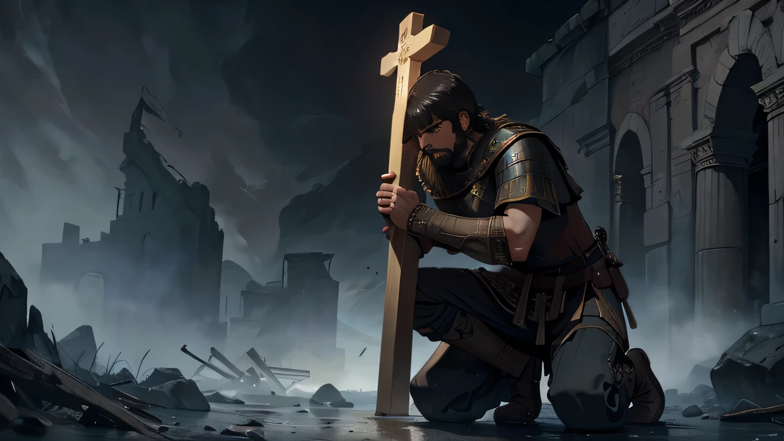 a kneeling roman legionary soldier, crying, seeing jesus on a cross, highly detailed, cinematic lighting, dramatic atmosphere, epic, dark moody colors, chiaroscuro, intricate details, masterpiece, award winning