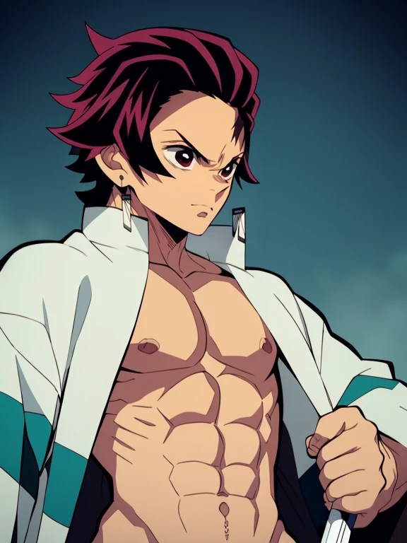 ((1 chico)), tanjiro, enfoque masculino,arma,((solo)),japanese anime style,no shirt, muscular,,frowning,(Holding espada:1.3),espada,rage, aura, blue theme, ((mejor calidad,obra maestra)),(simple background),(lleno_cuerpo), aura