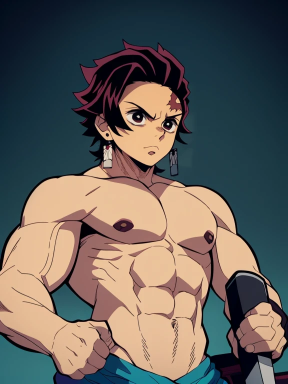 ((1 chico)), tanjiro, enfoque masculino,arma,((solo)),japanese anime style,no shirt, muscular,,frowning,(Holding espada:1.3),espada,rage, aura, blue theme, ((mejor calidad,obra maestra)),(simple background),(lleno_cuerpo), aura