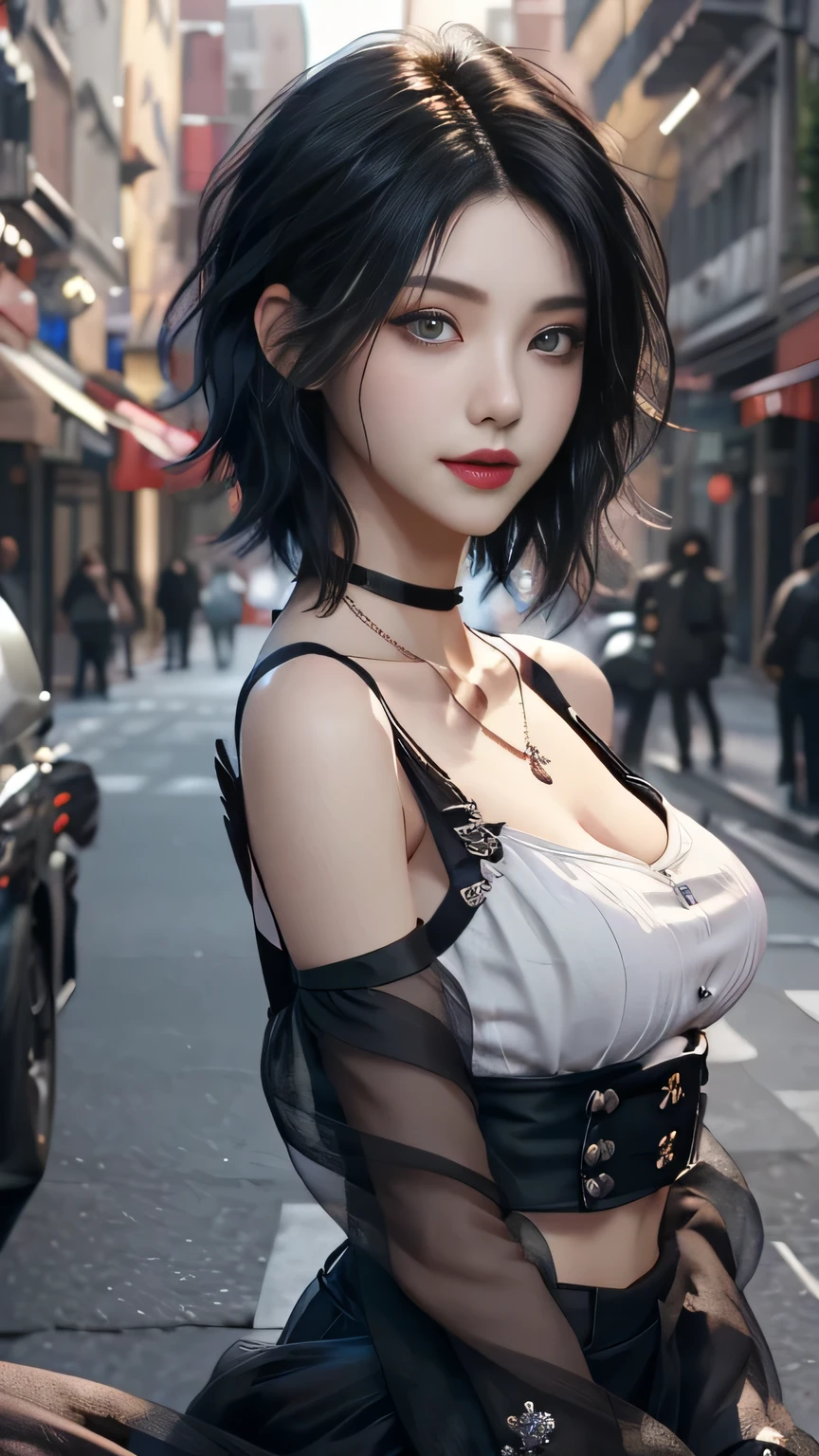 sfw, masterpiece, top-quality, ((1womanl)), different black color, finely eye and detailed face, intricate detailes, Casual black and white attire, window, A smile, Happiness, tenderness, high-level image quality、selfee, Beautuful Women、tall、a small face, D-cups, The upper part of the body、nightfall, nighttime scene、𝓡𝓸𝓶𝓪𝓷𝓽𝓲𝓬、Korea person, Idol Photos, Model photo, k pop, Professional Photos, Vampires, Korean fashion in black and black, Fedoman with necklace, inspired by Sim Sa-jeong, androgynous vampire, :9 detailed face: 8, extra detailed face, detailed punk hair, ((eyes are deialed)) baggy eyes, Seductive. Highly detailed, semi realistic anime, Vampires, hyperrealistic teen, Delicate androgynous princess, imvu, ((short hair woman)), black hair woman with wild look, ((Woman with short black hair)), ((1 persons)), sitting, wearing bra,((skinny waist)), young asian girl, ((big breasted)),