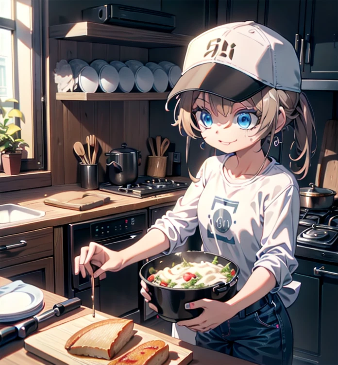 asop, asdef, casual, pants, baseball cap, eyewear on headwear, 
1girl, kitchen, cooking, happy