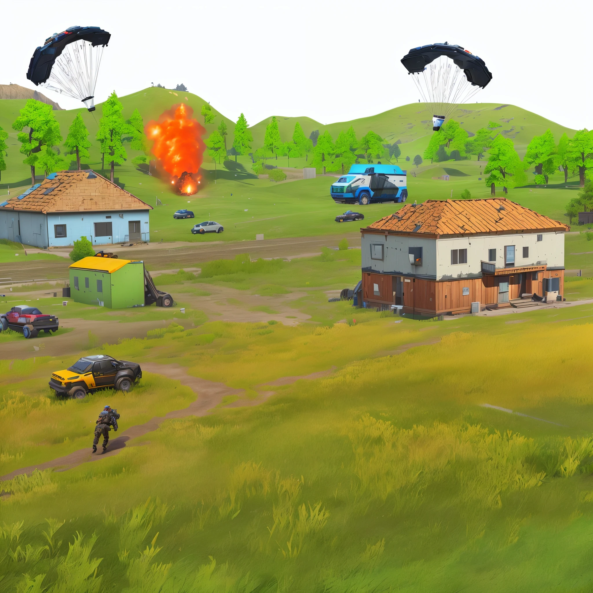 there is a picture of a game with a lot of vehicles, realism in style of fornite game, life simulator game screenshot, in game graphic, action scene screenshot, screenshot from the game, screenshot from game, realistic fortnite, ingame shot, fornite game. octane render, gameplay still, fps game concept, gameplay screenshot with ui, hyper detailed scene