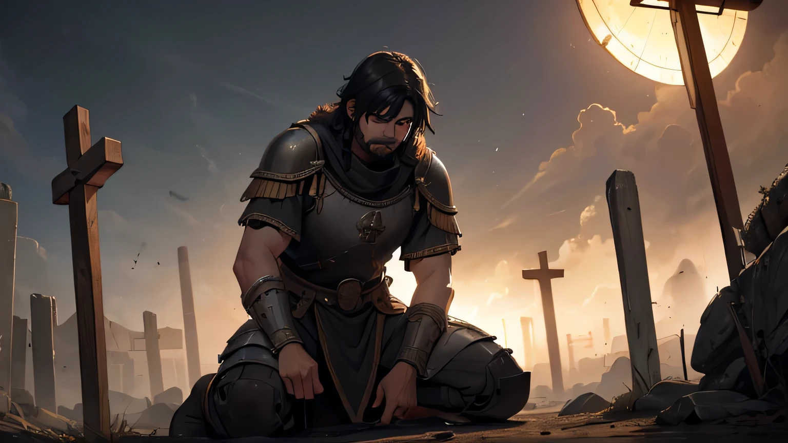a kneeling roman legionary soldier, crying, seeing jesus on a cross, highly detailed, cinematic lighting, dramatic atmosphere, epic, dark moody colors, chiaroscuro, intricate details, masterpiece, award winning