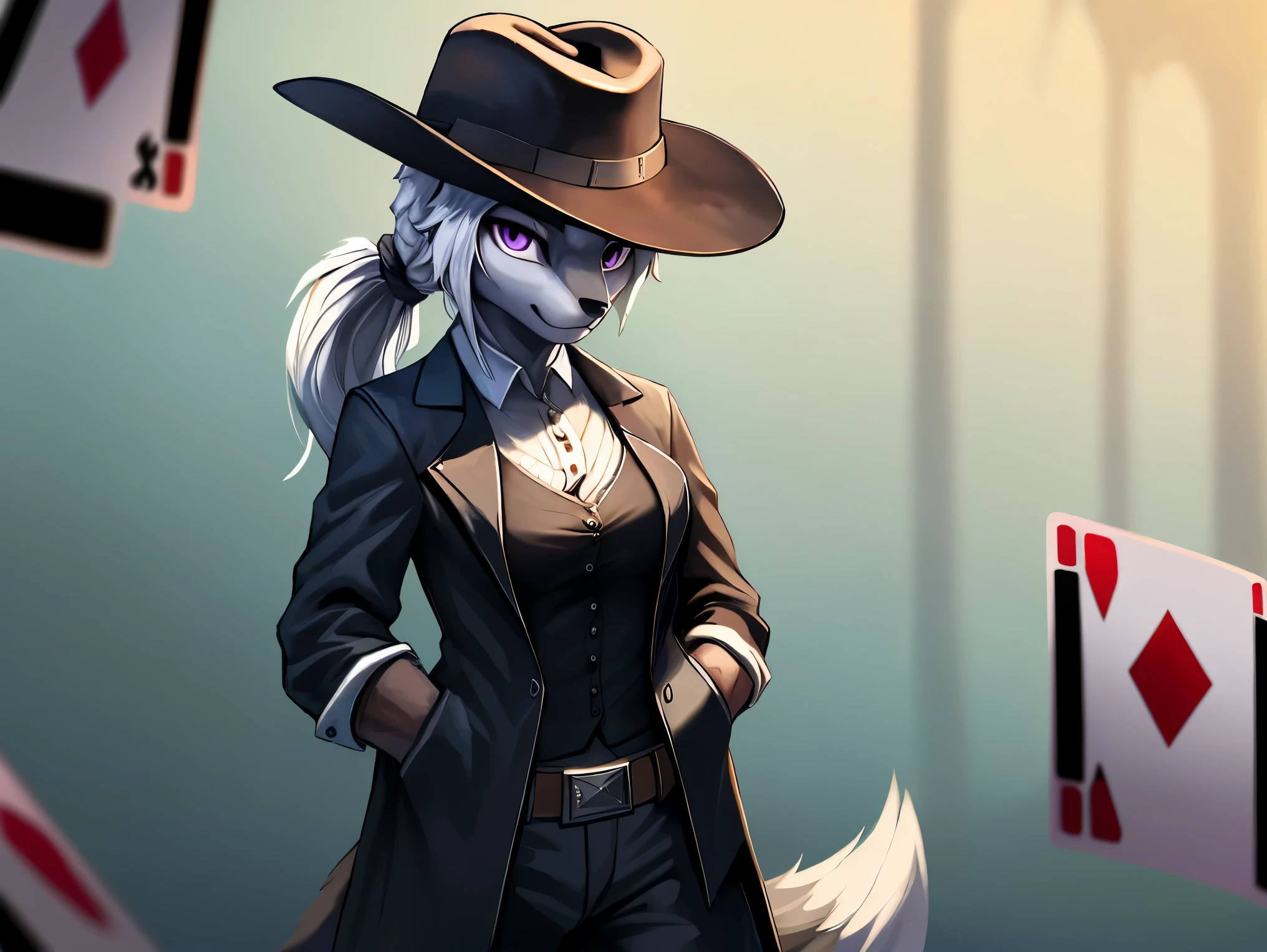 fox, female, solo, white hair, ponytail, ((grey fur)), (purple eyes), (breasts), ((white gambler clothes)), (((large cowboy hat))), (((black cowboy hat))), purple handkerchief, card background, card frame, casino background, hands in pockets, Very good figure, best quality, highres, 16k, Natural soft light, Tyndall effect, Advanced film lighting, Unreal Engine5, Extremely realistic, A high resolution, perfect masterpiece, high quality, high resolution