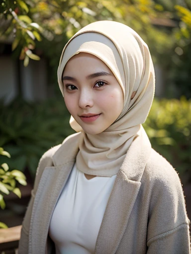 ((best quality)), ((masterpiece)), 2 girl, perfect face, indonesia, hijab, sharp nose, smile, half body, garden, selfie, wearing Coat. Undressing nude breasts and vagina