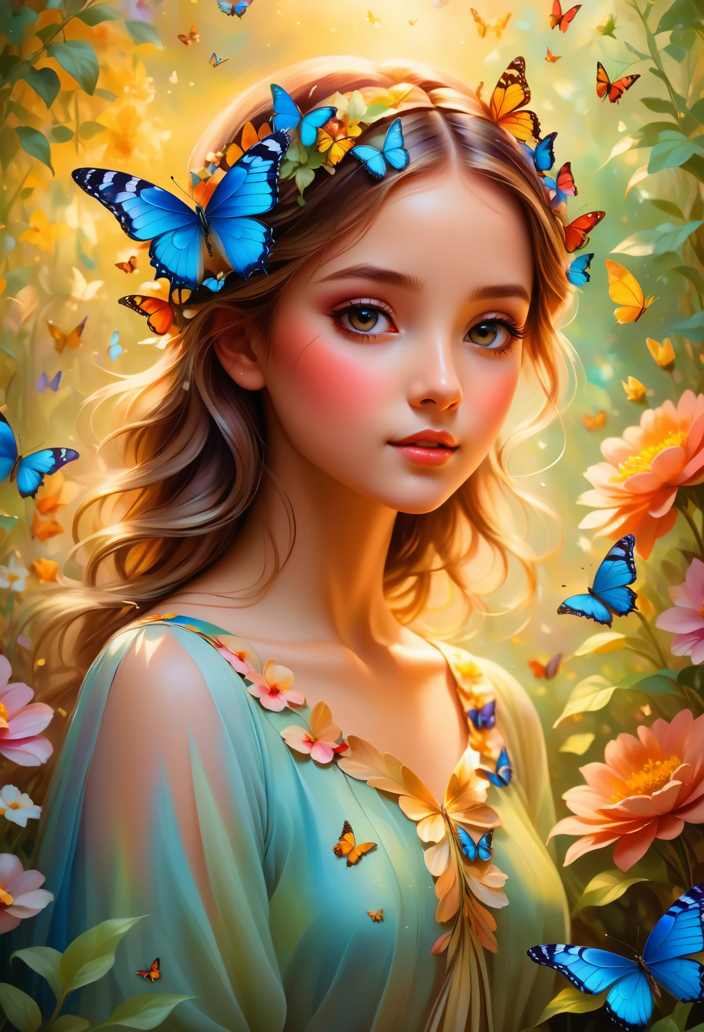 Girl with a butterfly head, surrounded by a colorful garden, soft and soothing colors, vibrant flowers, butterflies flying around, gentle sunlight, dreamlike atmosphere, detailed and realistic features, smooth brushstrokes, oil painting medium, high-quality and high-resolution, magical and surreal style, captivating and imaginative scene, happy and peaceful mood, intricate patterns on the butterfly wings, delicate petals and leaves, harmonious composition, ethereal and enchanting ambiance, the girl's serene expression, capturing the viewer's attention, a masterpiece that evokes emotions and sparks creativity. (best quality, 4k, highres, masterpiece:1.2), ultra-detailed, realistic:1.37, oil painting, vibrant colors, soft lighting, enchanting garden, magical butterfly
